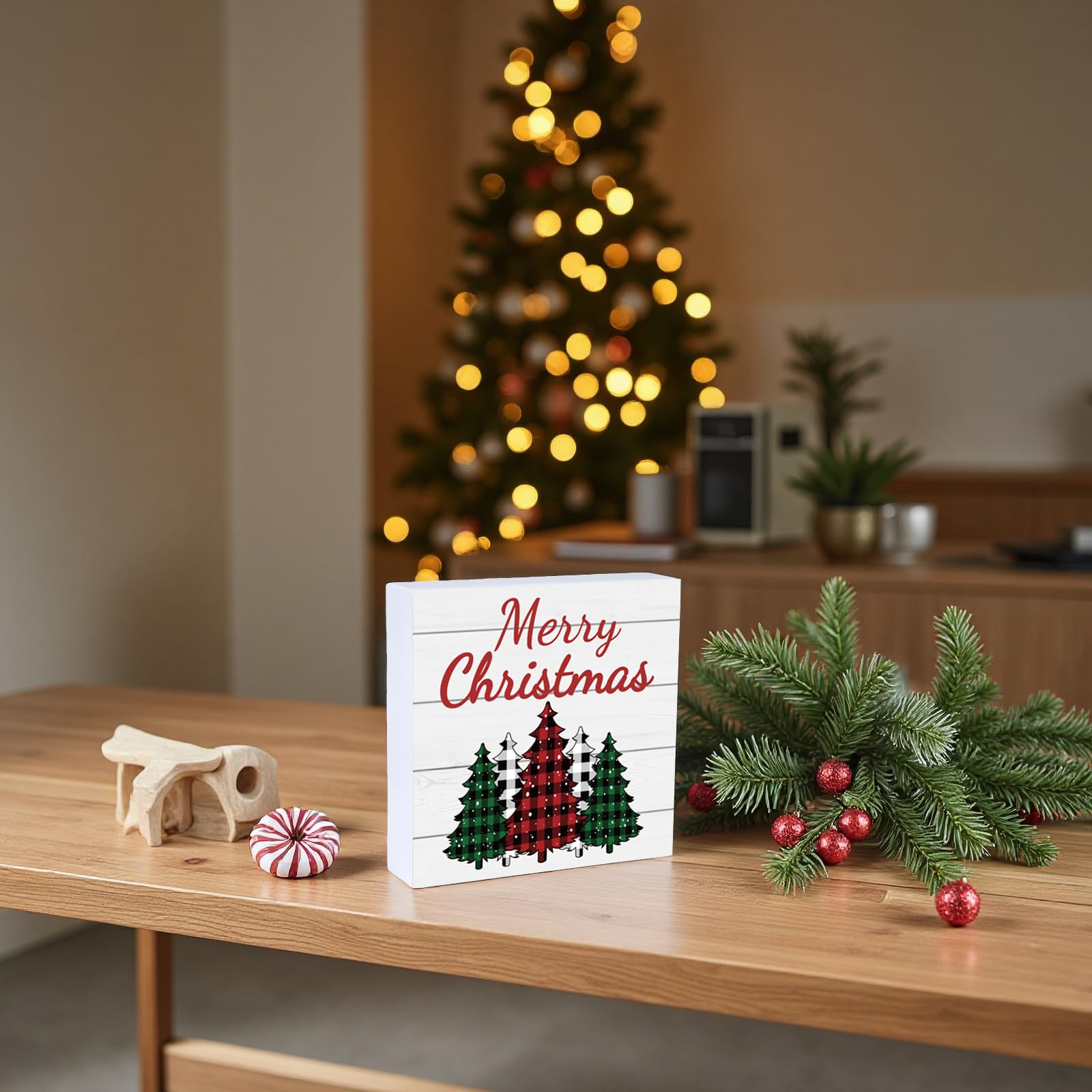 Merry & Bright: Plaid Tree Wood Table Sign – Christmas Holiday Décor, 5.9x5.9 inch
