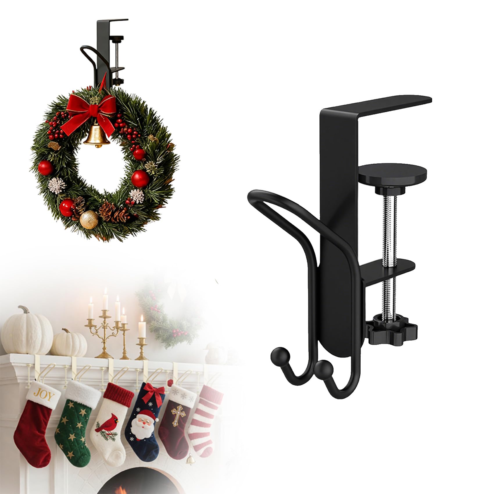 Merry & Bright 2025 Adjustable Gray 2-in-1 Stocking & Garland Holders – Heavy-Duty Metal Mantel Hooks (Set of 4)