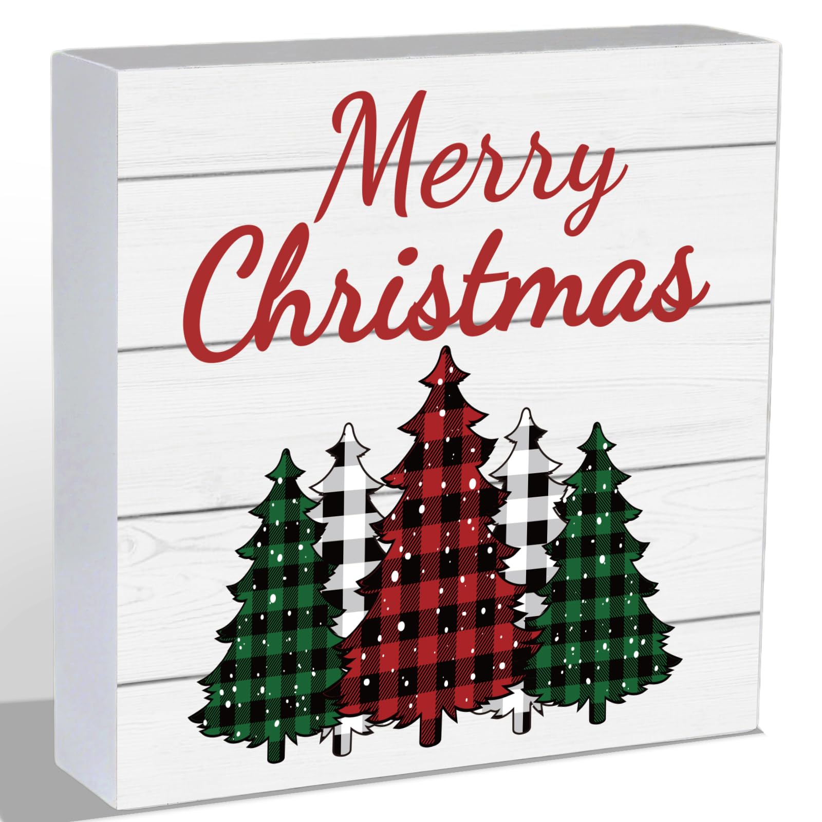 Merry & Bright: Plaid Tree Wood Table Sign – Christmas Holiday Décor, 5.9x5.9 inch