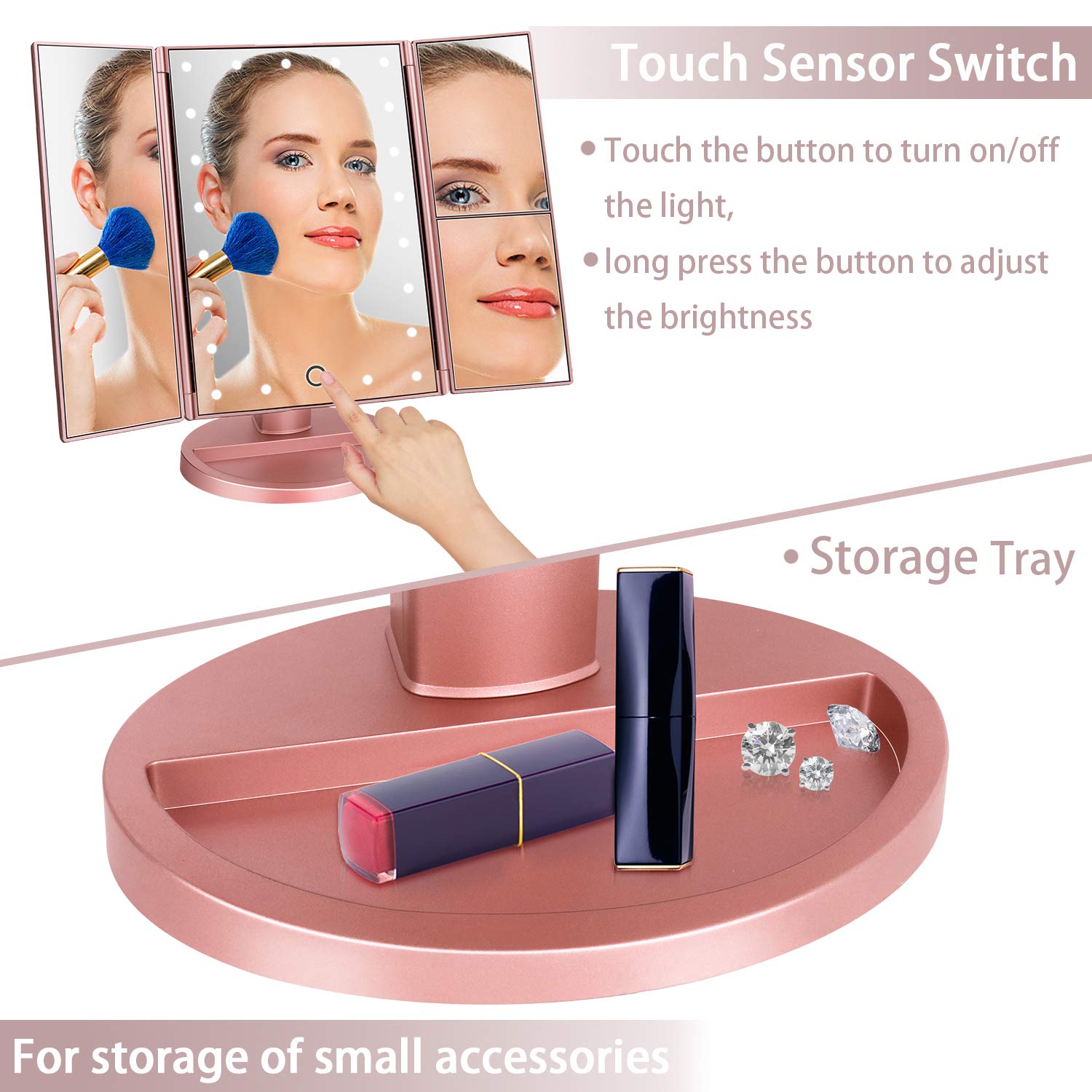 Merry & Bright LED Tri-Fold Makeup Mirror – Rose Gold, 21 Lights