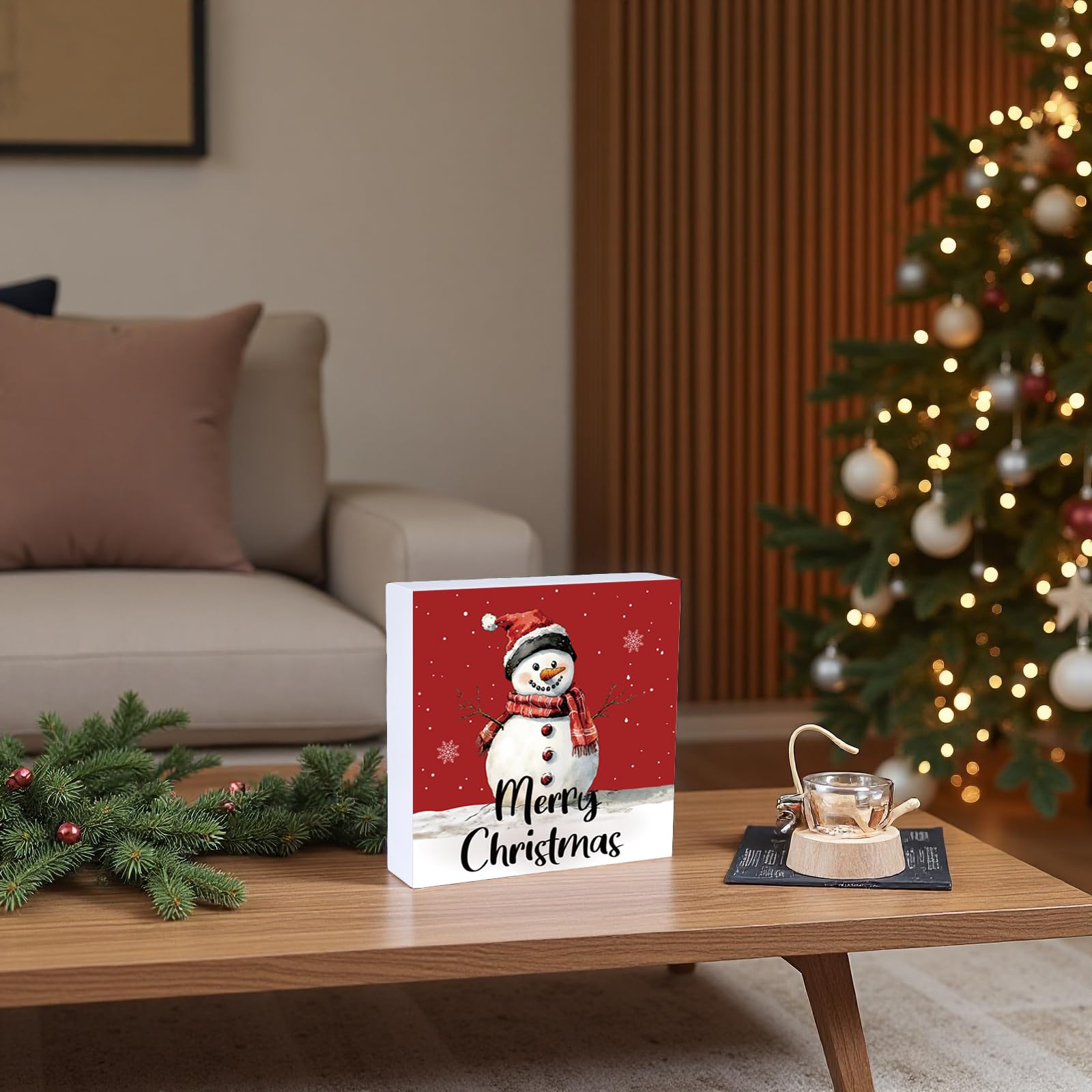 Merry & Bright: Snowman Wood Table Sign – Christmas Holiday Décor, 5.9x5.9 inch
