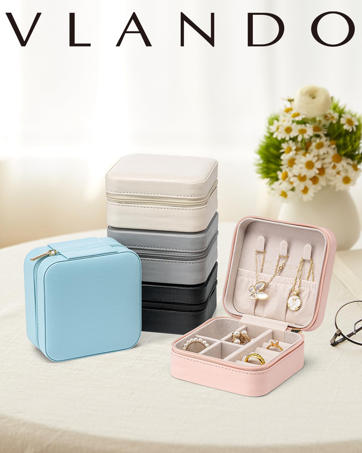 Merry & Bright Travel Jewelry Organizer – Portable PU Leather Case, Beige