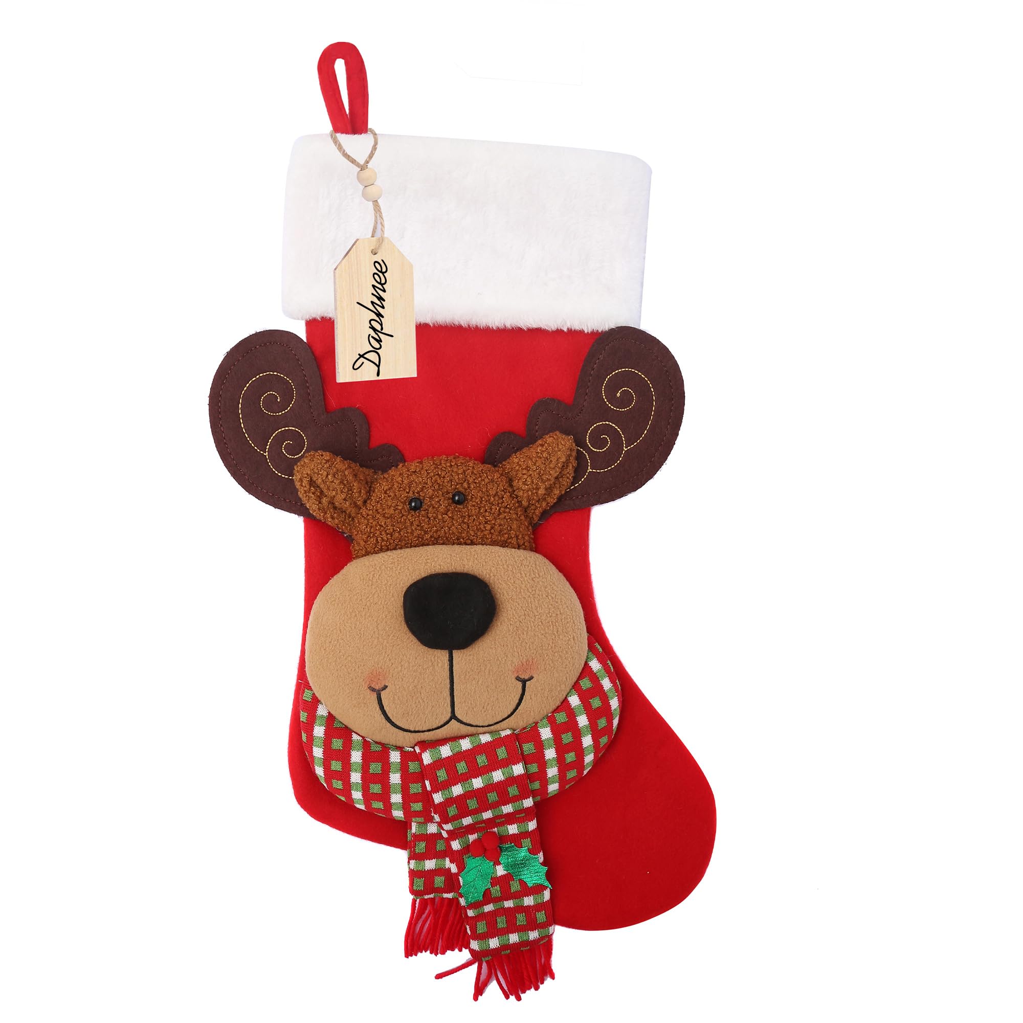 Merry & Bright 21" Red 3D Reindeer Christmas Stocking with Wooden Name Tag
