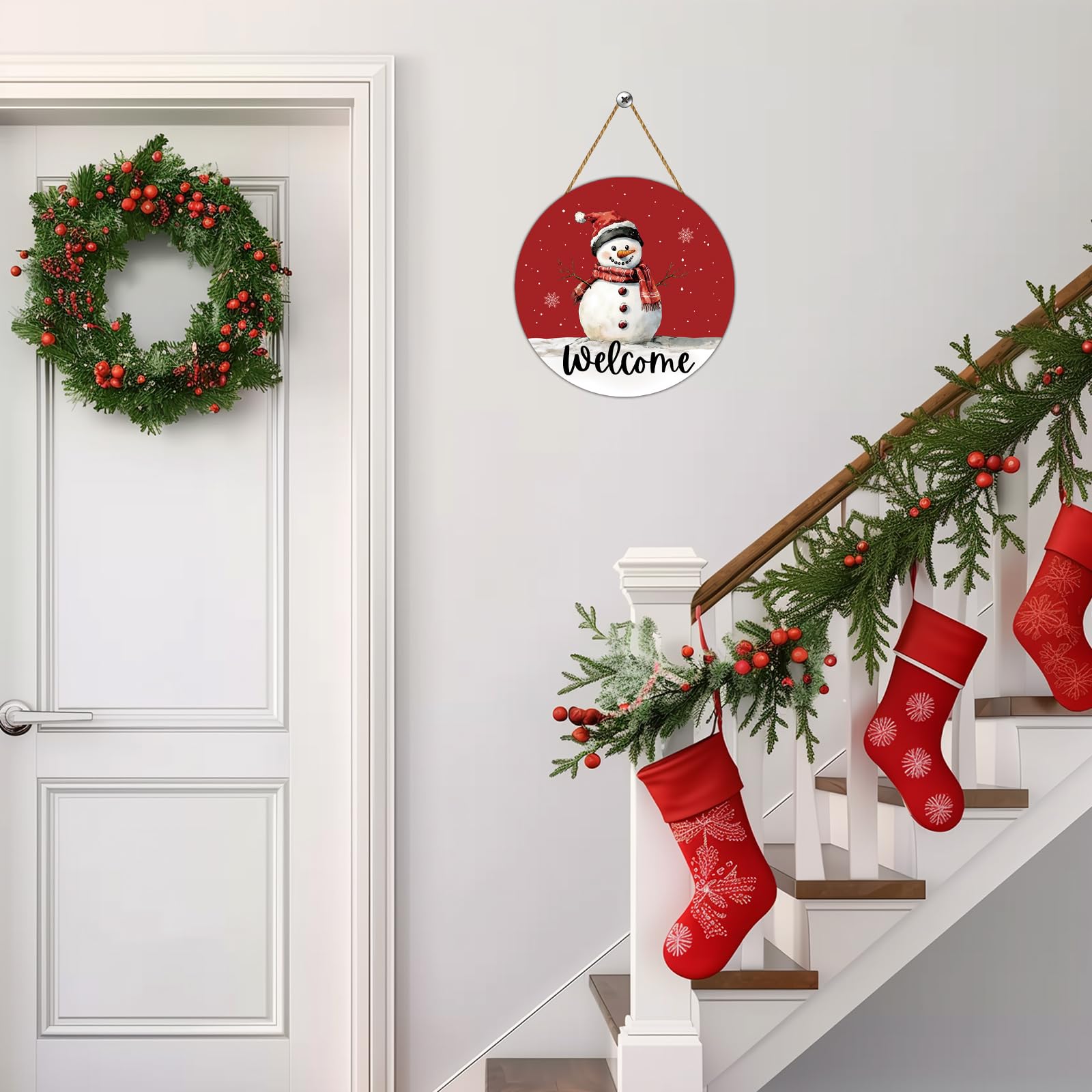 Merry & Bright: Christmas Snowman Door Sign – “Welcome” Holiday Decoration, 12x12 inch
