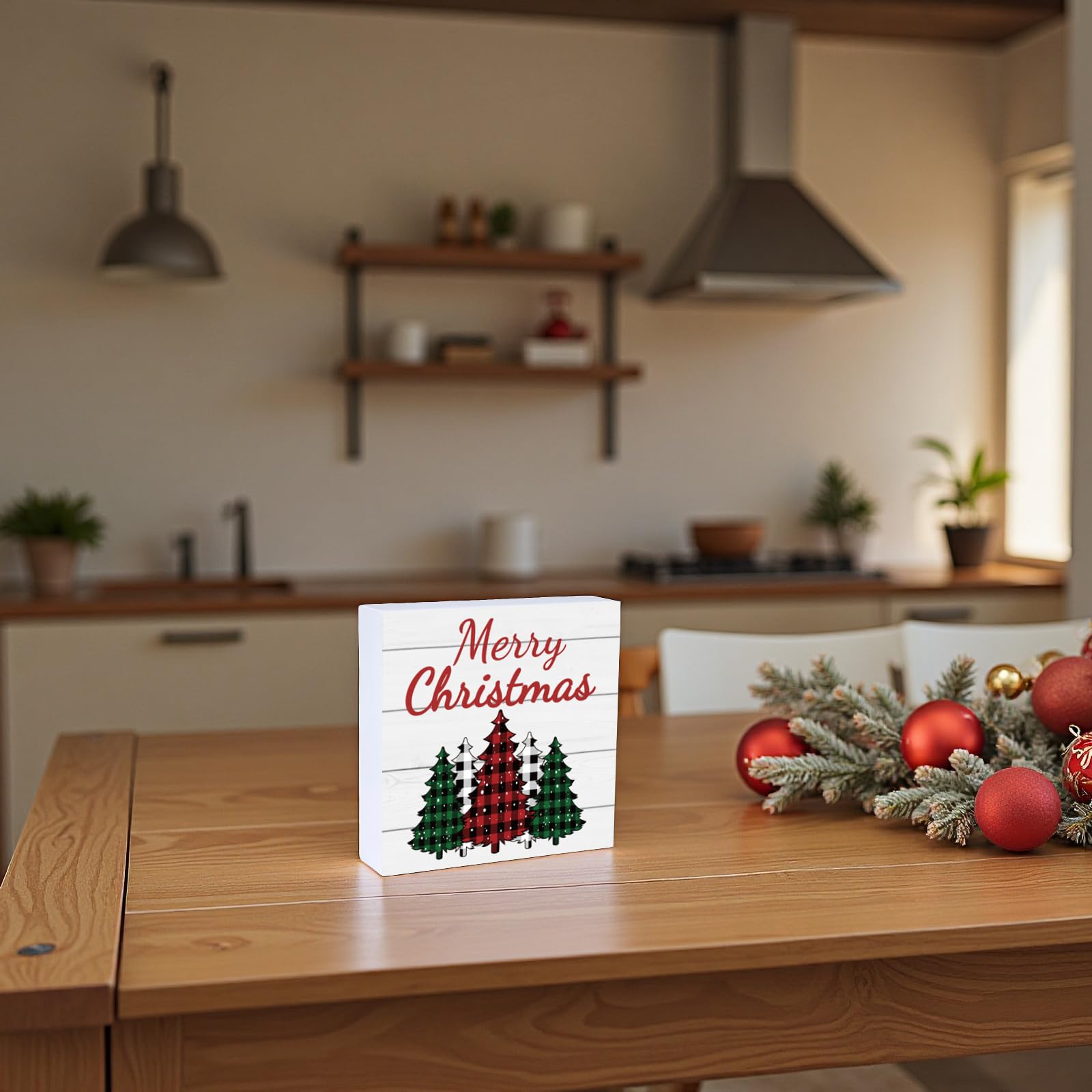 Merry & Bright: Plaid Tree Wood Table Sign – Christmas Holiday Décor, 5.9x5.9 inch