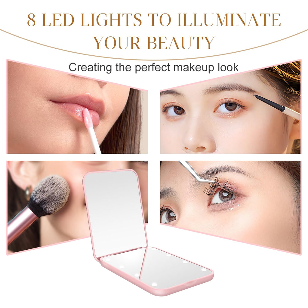 Merry & Bright LED Travel Mirror – Compact Pink Makeup Mirror with 8 Lights