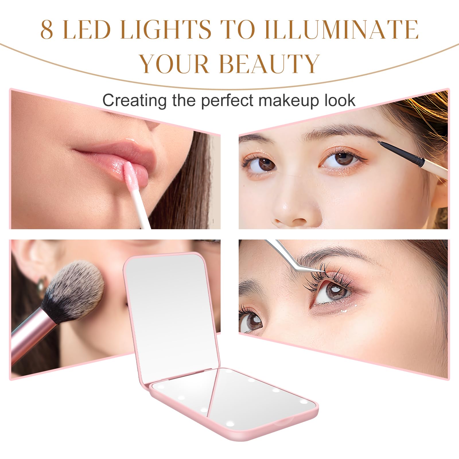 Merry & Bright LED Travel Mirror – Compact Pink Makeup Mirror with 8 Lights