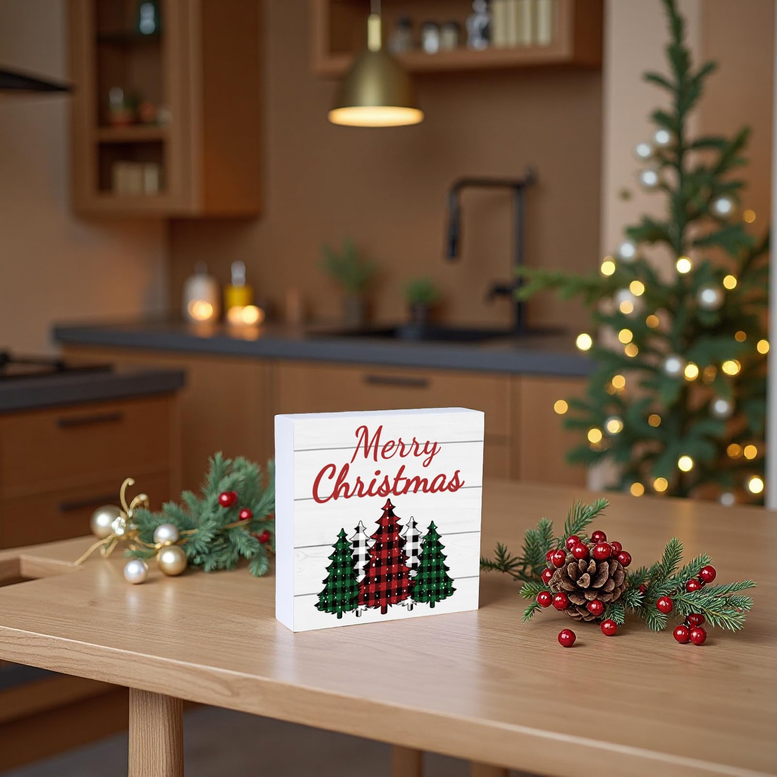 Merry & Bright: Plaid Tree Wood Table Sign – Christmas Holiday Décor, 5.9x5.9 inch