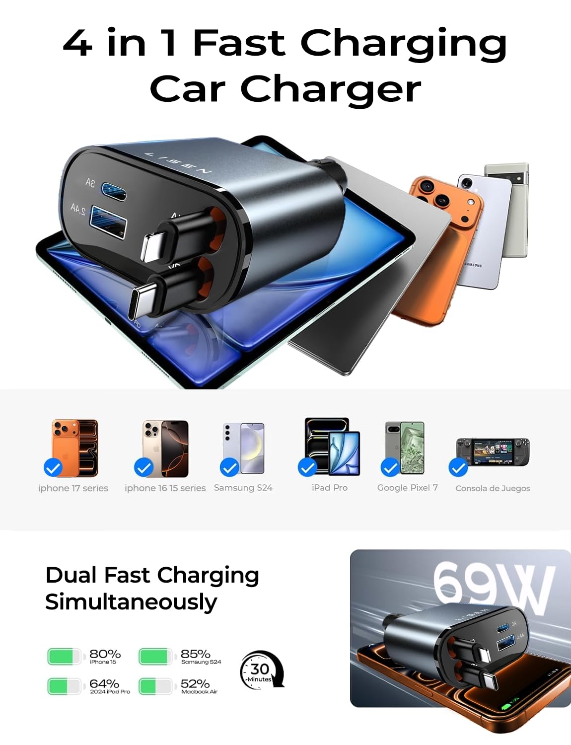 Merry & Bright Retractable Car Charger for iPhone 17, 69W