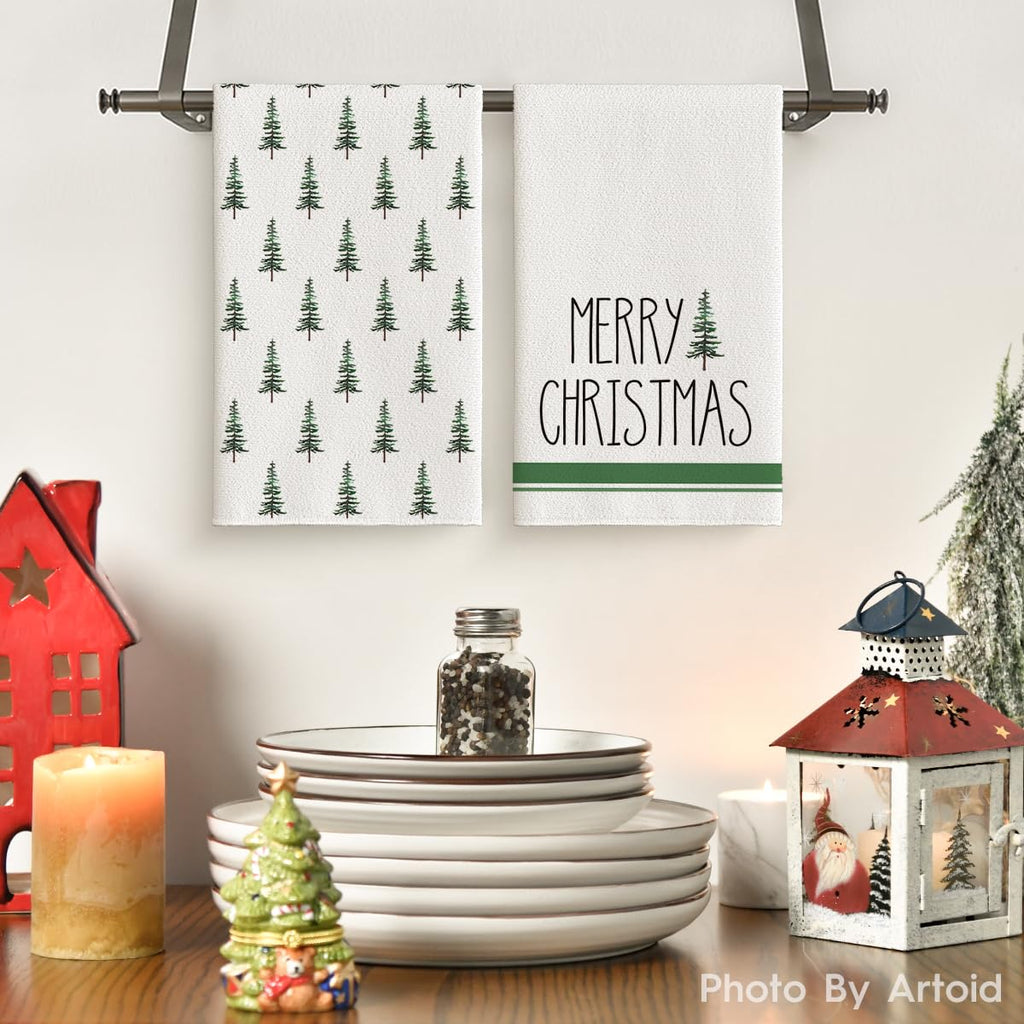 Merry & Bright: Green Christmas Dish Towels – Set of 2 Holiday Kitchen Towels 18 x 26 Inch