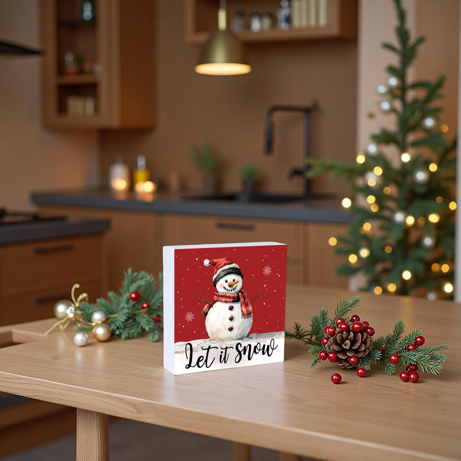 Merry & Bright: Snowman Wood Table Sign – Christmas Holiday Décor, 5.9x5.9 inch