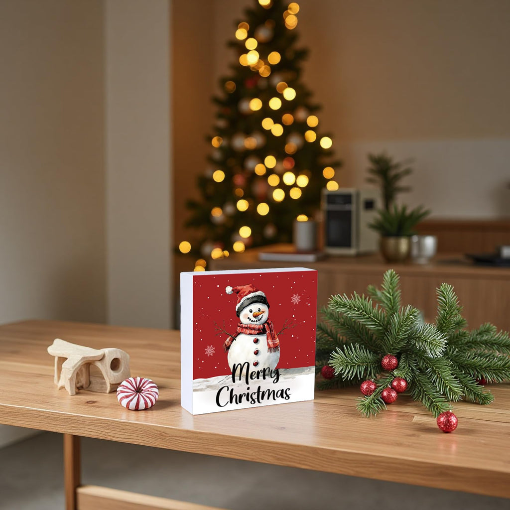 Merry & Bright: Snowman Wood Table Sign – Christmas Holiday Décor, 5.9x5.9 inch