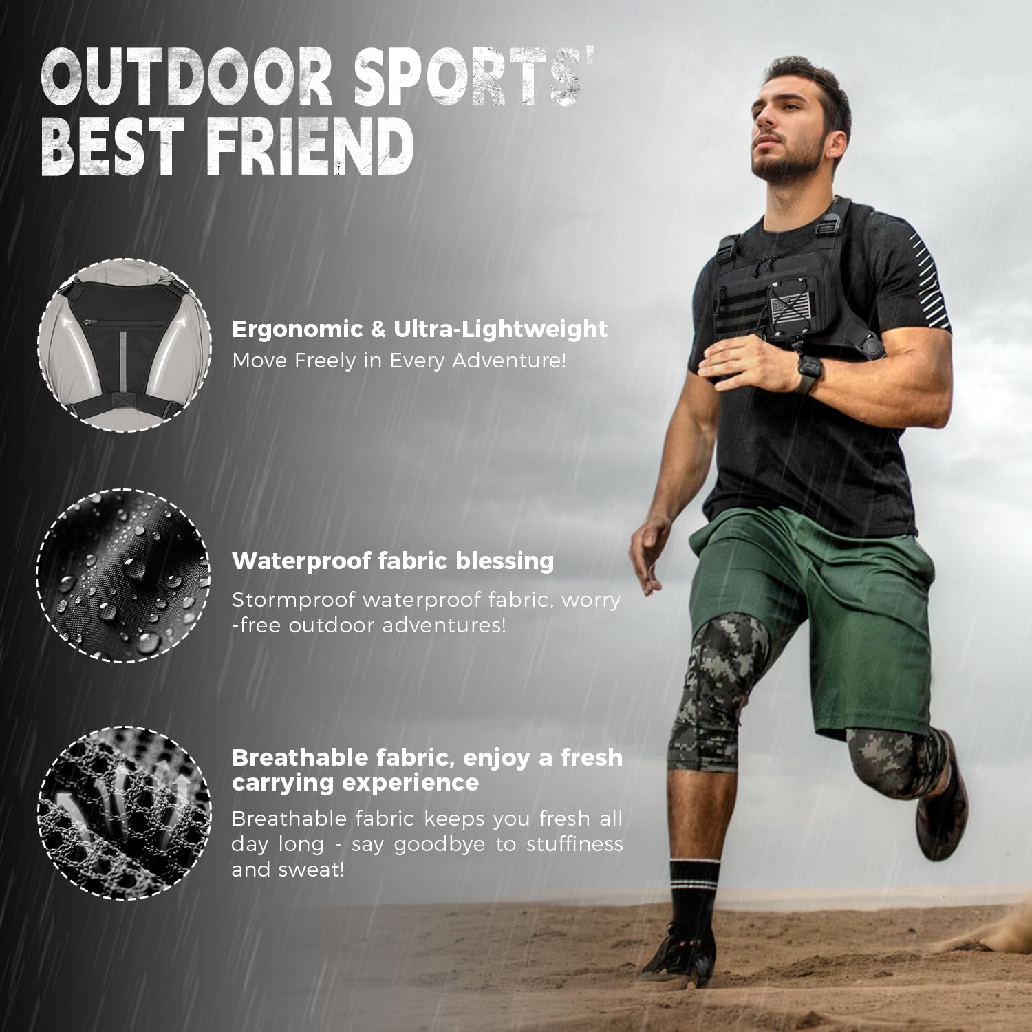 Merry & Bright Outdoor Sports Chest Bag for Men, Chest Vest Holster Fits Most Pistols, Adjustable EDC Travel Chest Pack for Running, Hiking, Workouts (Black)