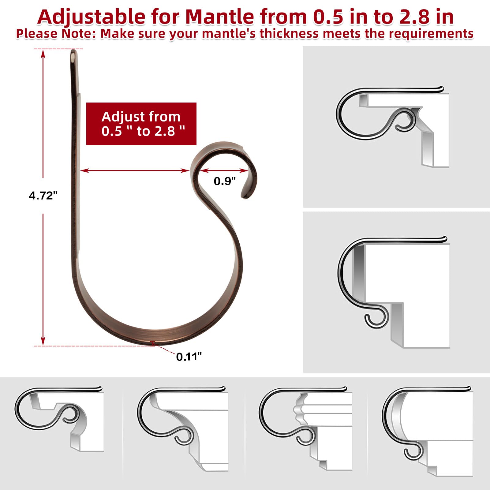 Merry & Bright Adjustable Bronze Christmas Stocking Holders for Mantel (Set of 4) – Sleek, Scratch-Free, Heavy-Duty Metal Hooks