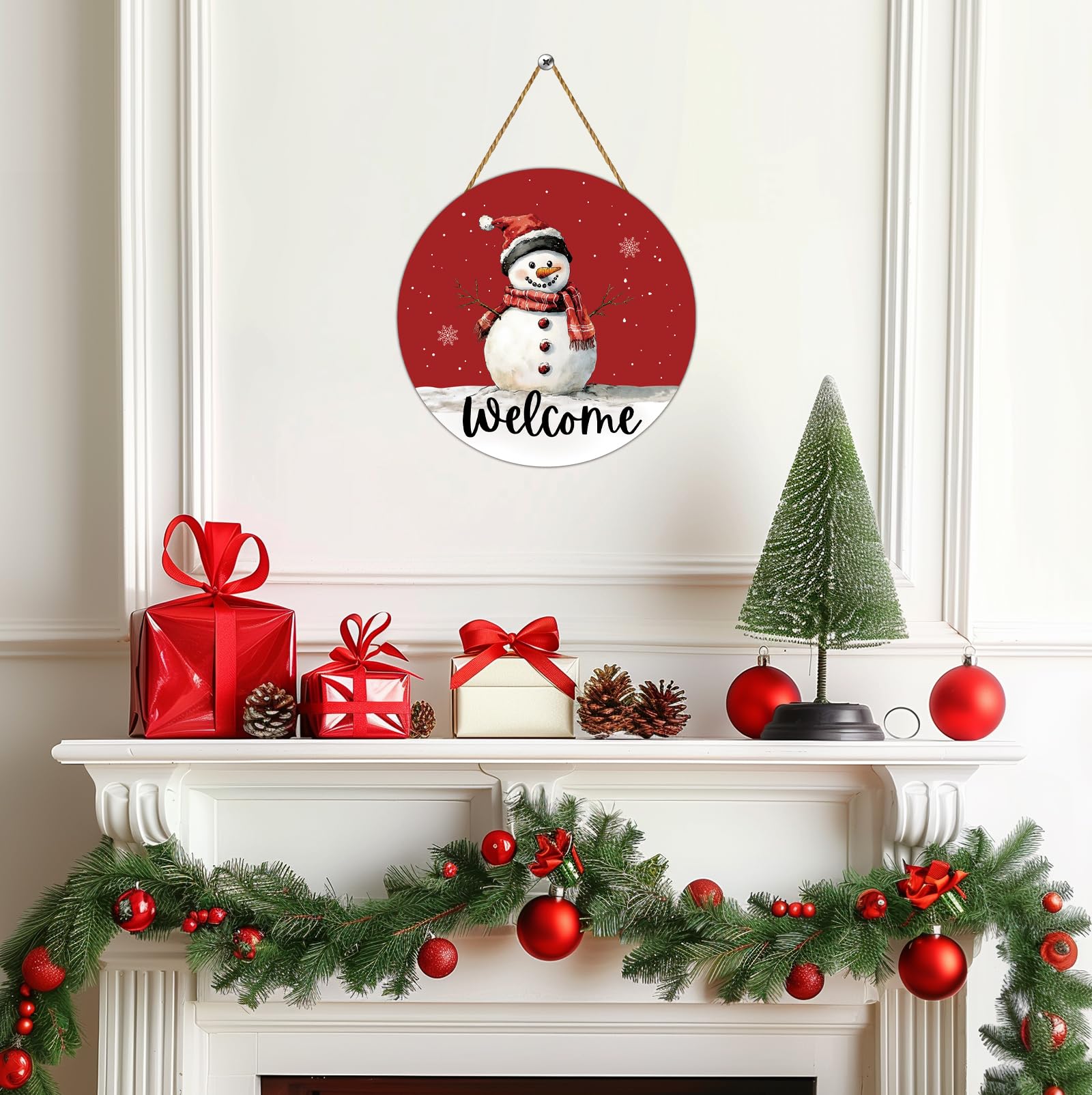 Merry & Bright: Christmas Snowman Door Sign – “Welcome” Holiday Decoration, 12x12 inch