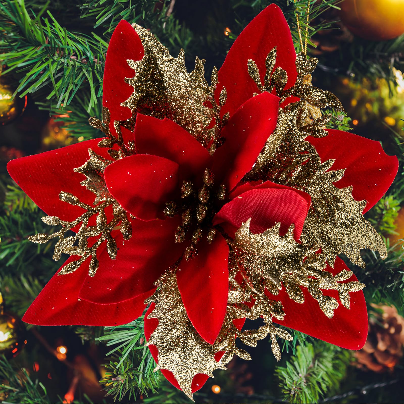 Merry & Bright Red & Gold Glitter Poinsettia Flowers – 30PCS