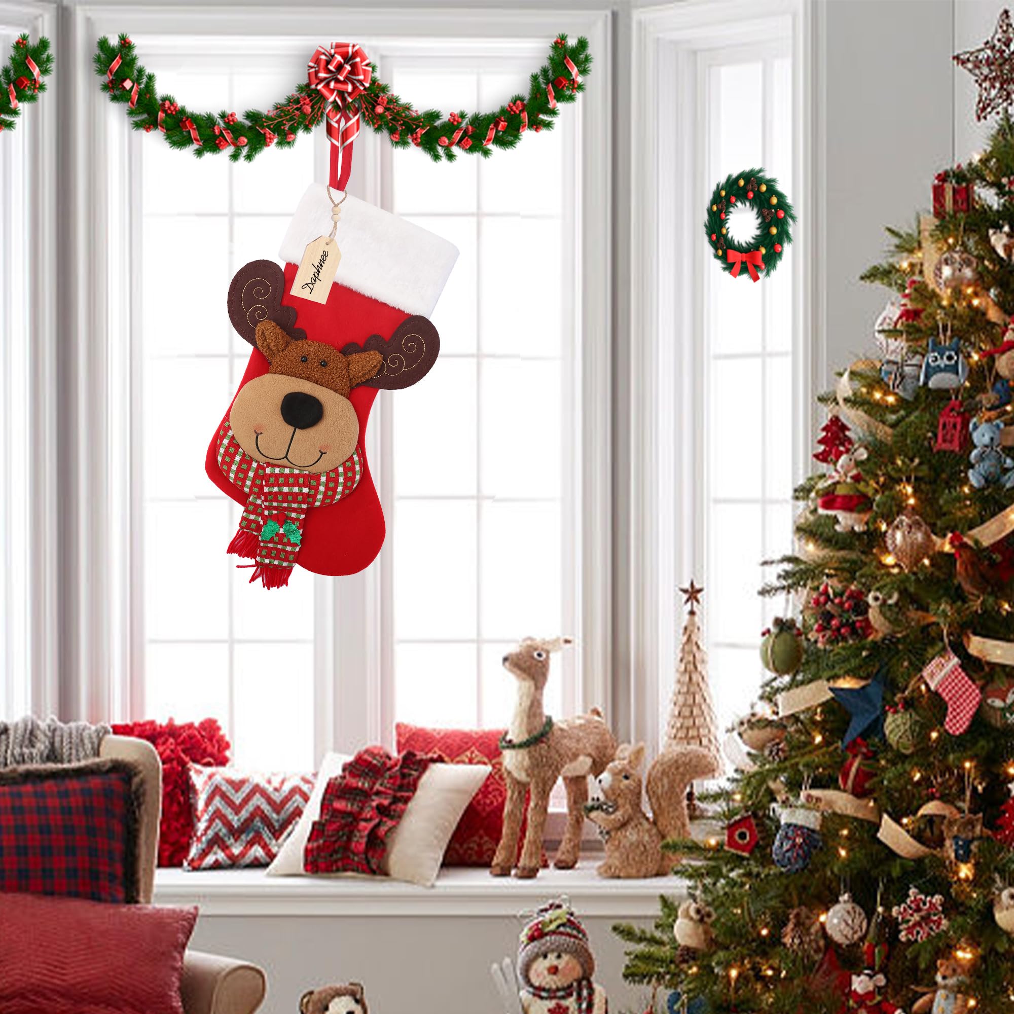 Merry & Bright 21" Red 3D Reindeer Christmas Stocking with Wooden Name Tag