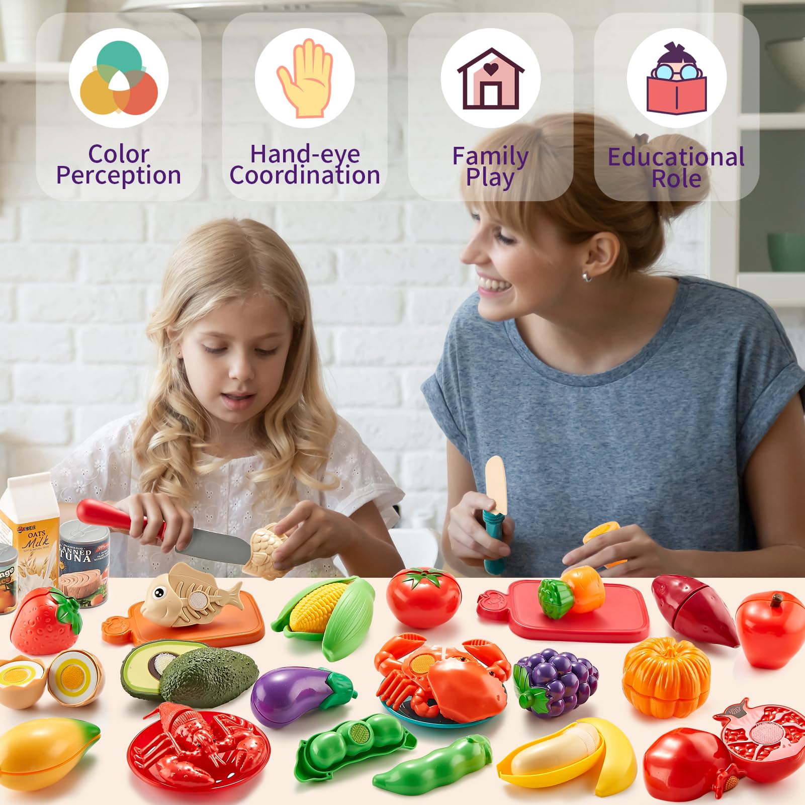 Merry and Bright Toddler Play Kitchen Cutting Food Set – Bright Colors
