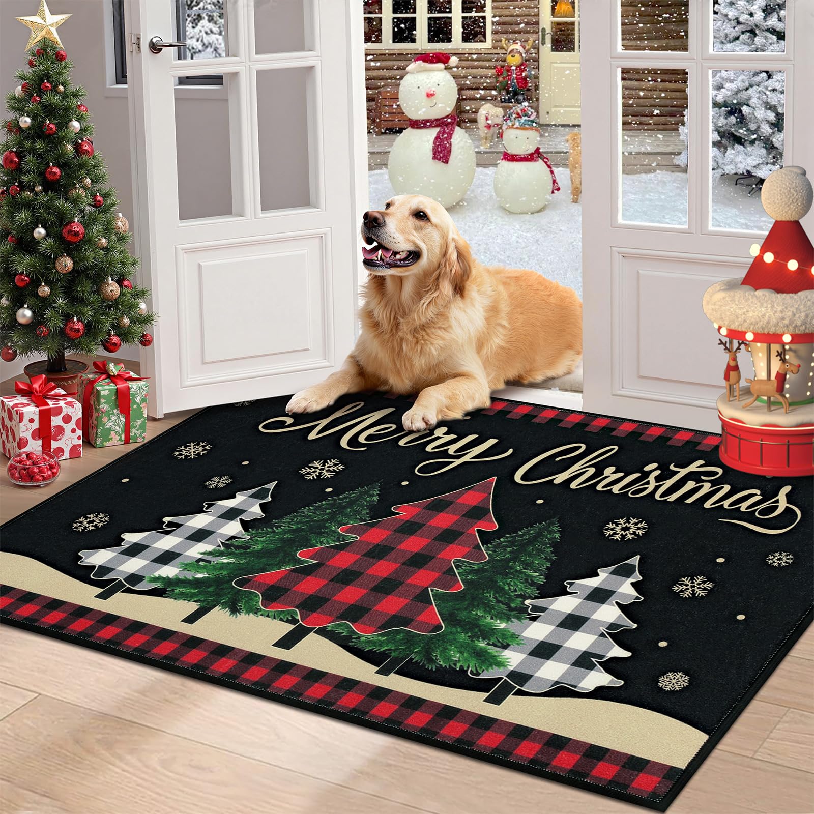 Merry & Bright: Black Christmas Doormat – 32 x 48 Inch Indoor & Outdoor Holiday Rug