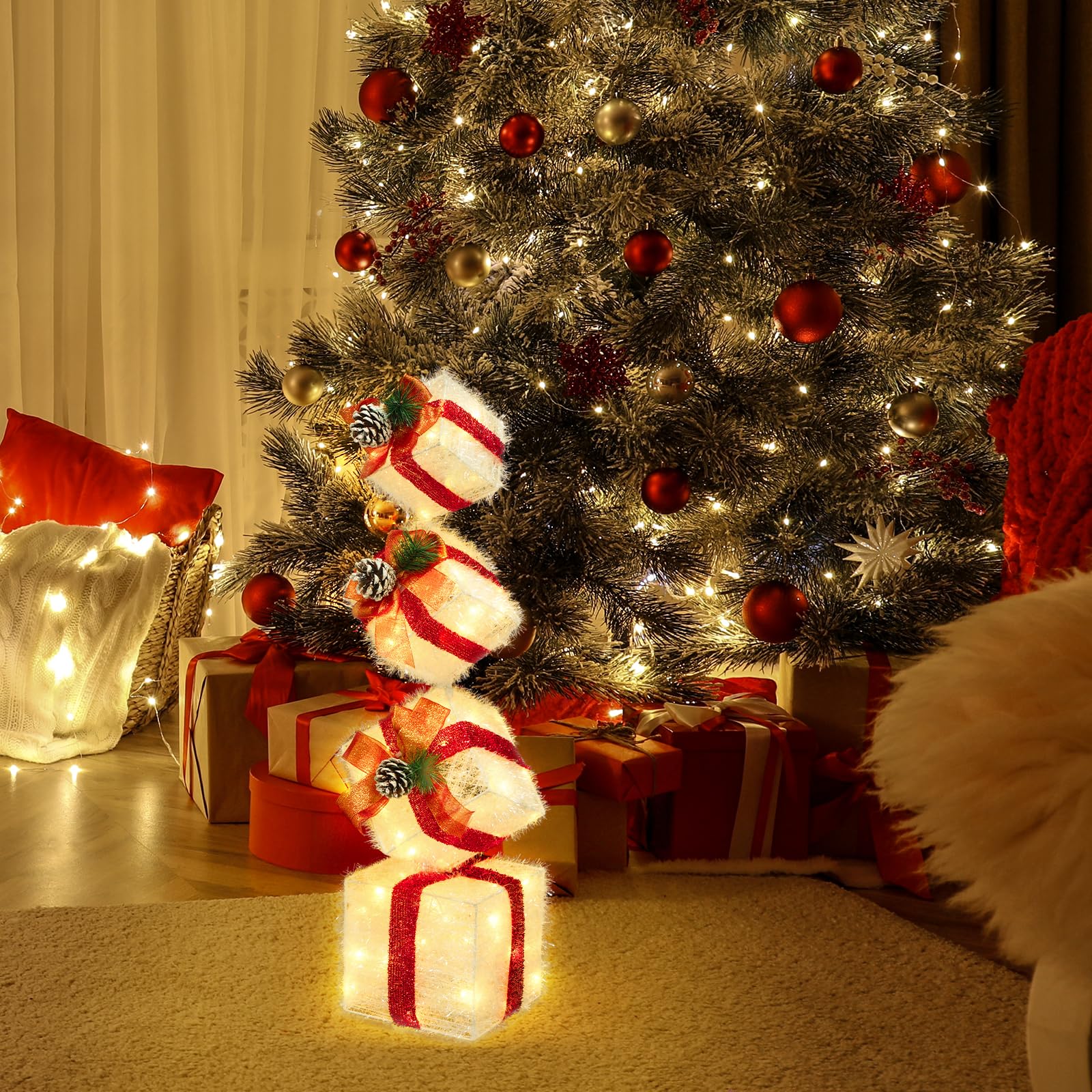 Merry & Bright: Warm White Lighted Christmas Stacking Gift Boxes – 4-Piece Holiday Decor
