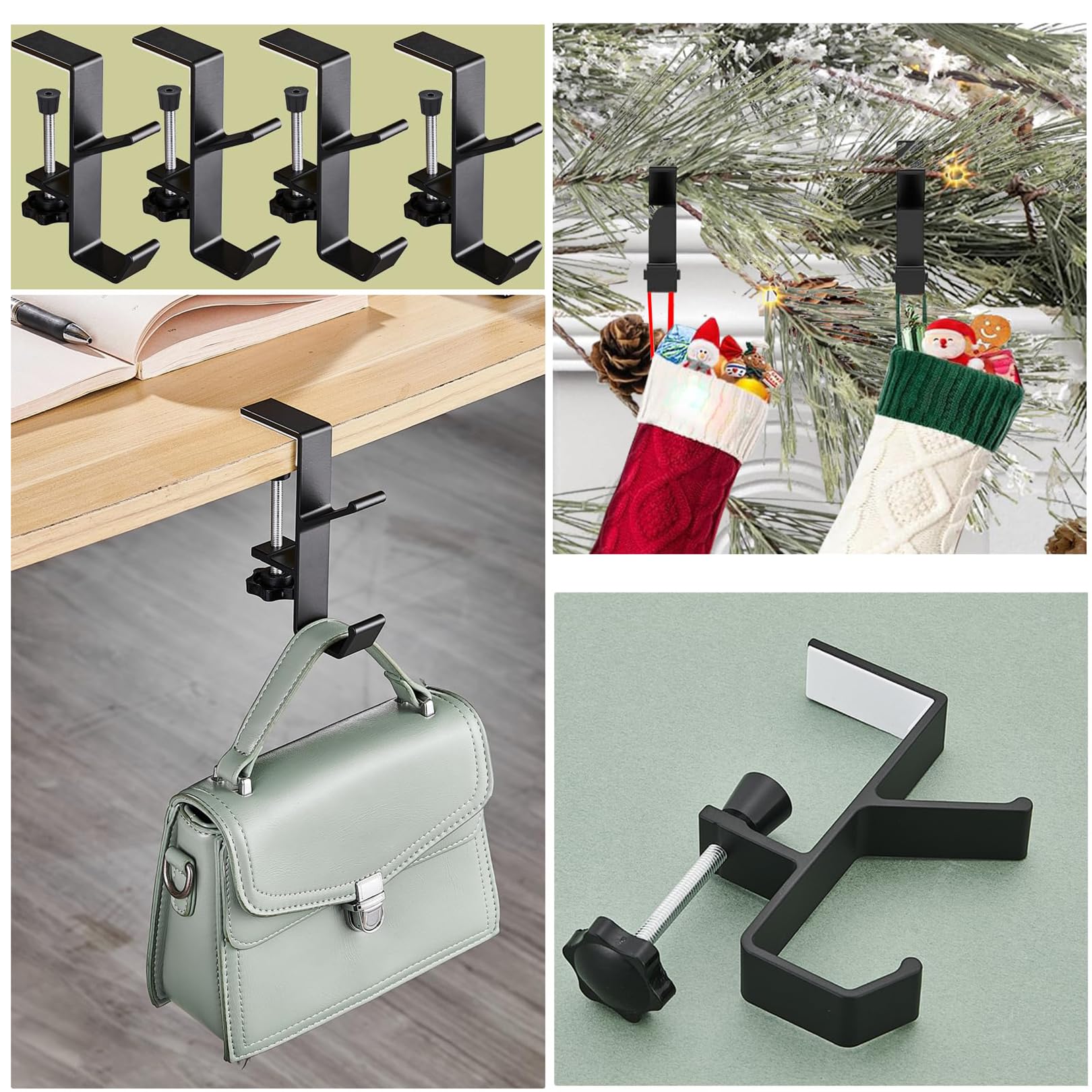 Merry & Bright Adjustable Black Double Hook Stocking & Garland Holders (Set of 4)