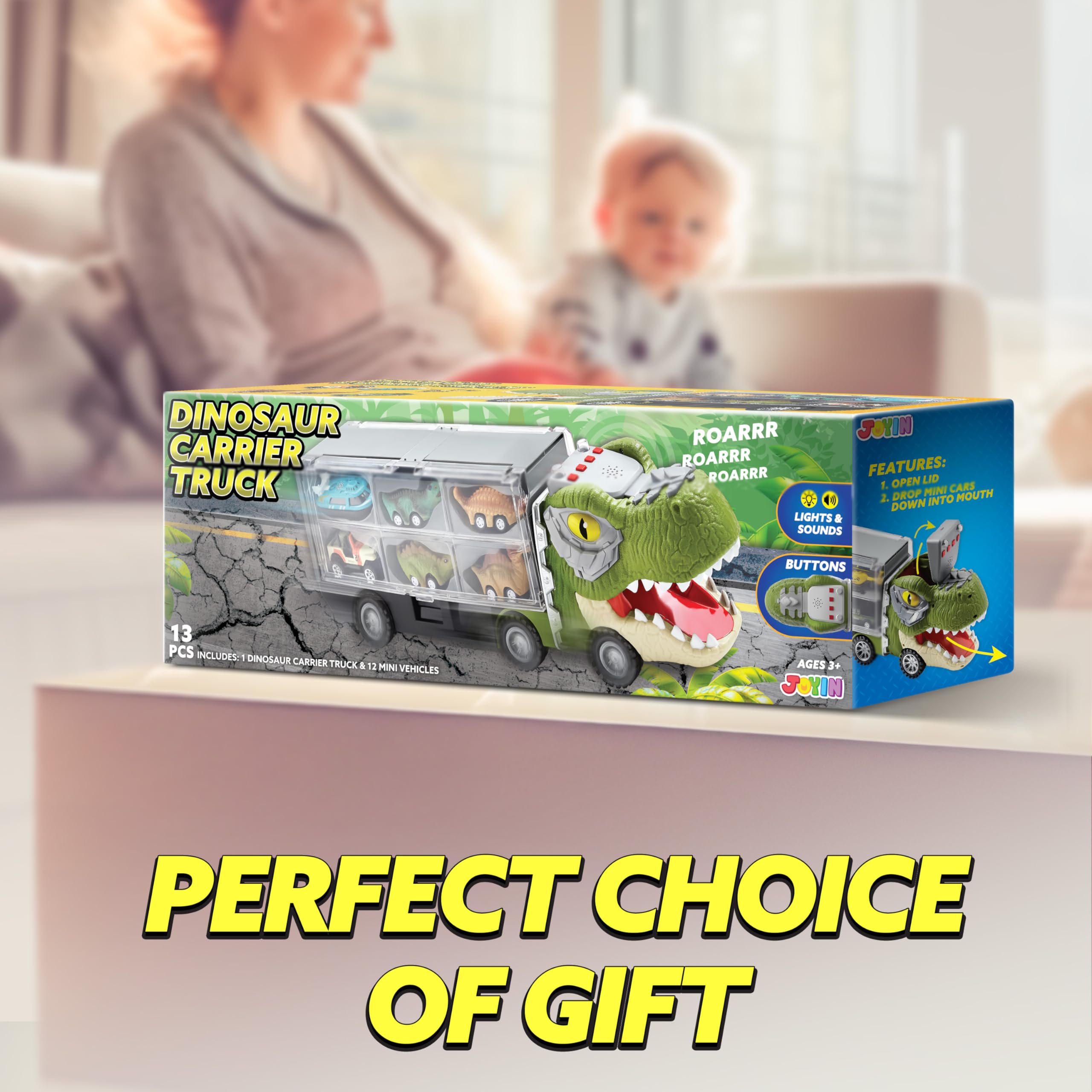 Merry and Bright Dinosaur Transport Carrier Truck with Mini Dinosaur Cars – 13-in-1 Play Set
