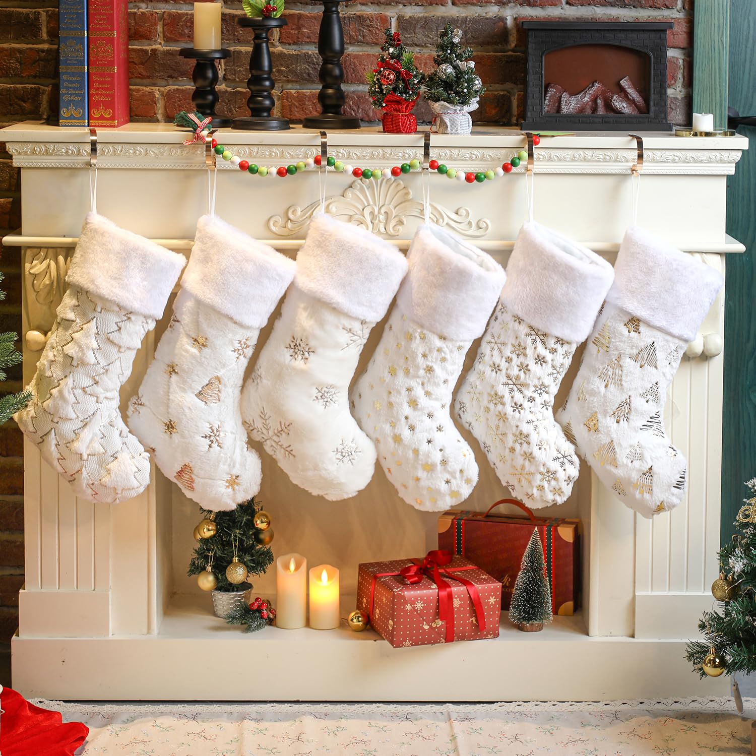 Merry & Bright White Christmas Stockings Set of 6