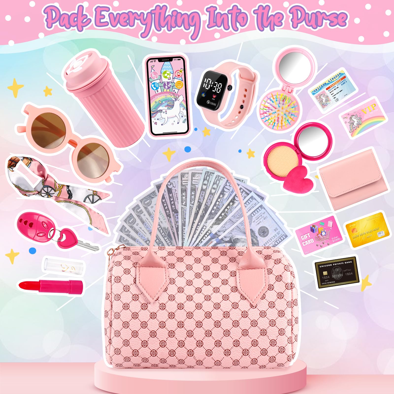 Merry and Bright 32-Piece Pink Travel Play Purse Set for Girls