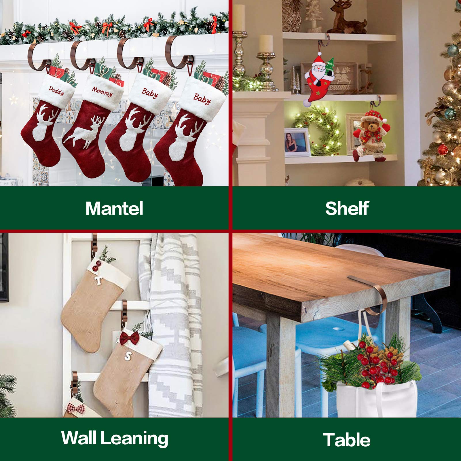 Merry & Bright Adjustable Bronze Christmas Stocking Holders for Mantel (Set of 4) – Sleek, Scratch-Free, Heavy-Duty Metal Hooks