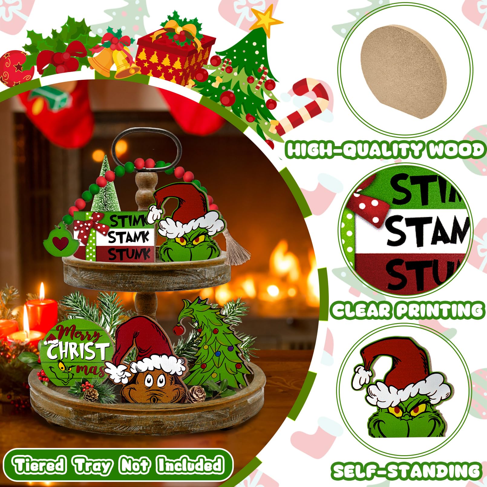 Merry & Bright: Green Christmas Tiered Tray Decor Set – 6-Piece Holiday Display