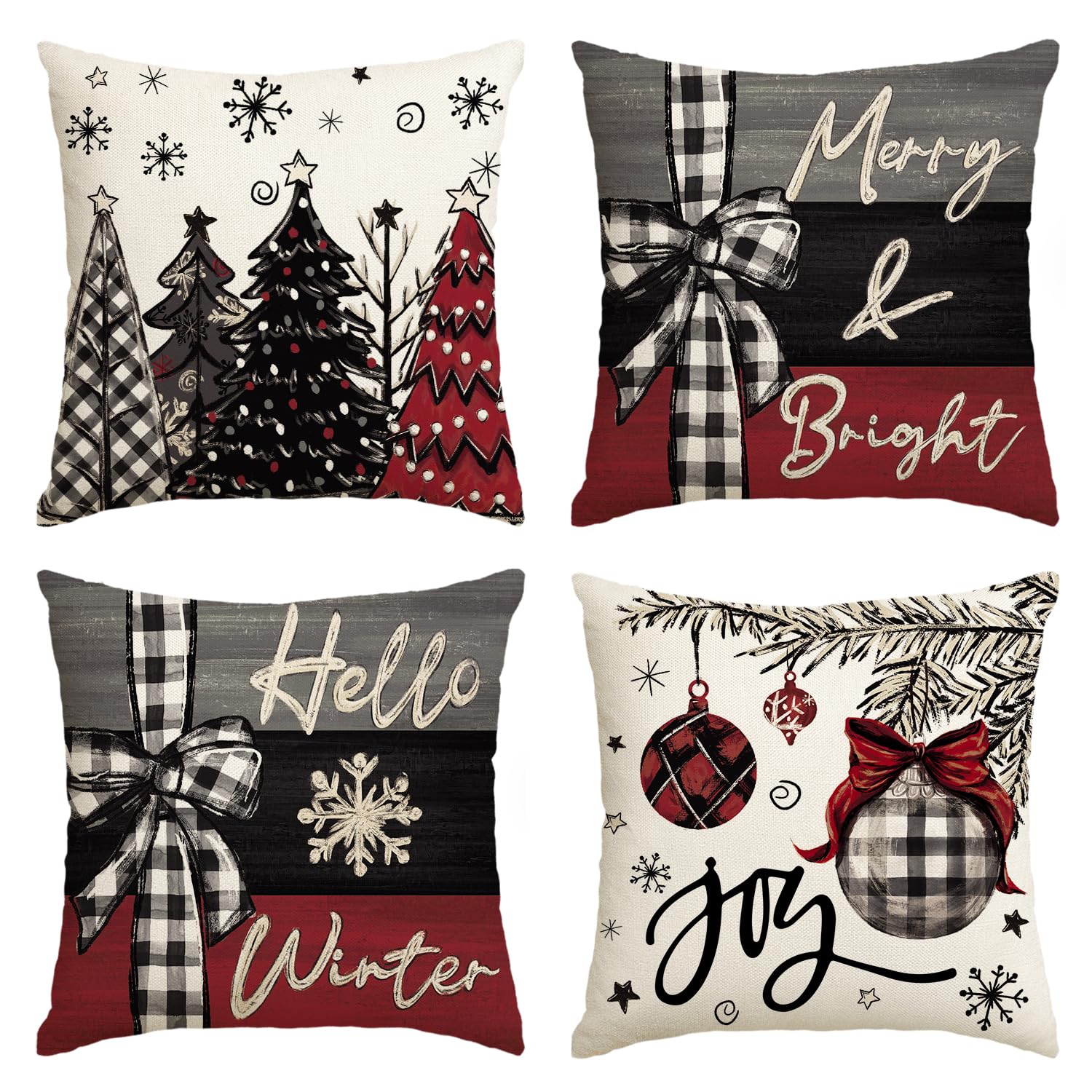 Merry & Bright: Red & Black Christmas Pillow Covers – Set of 4
