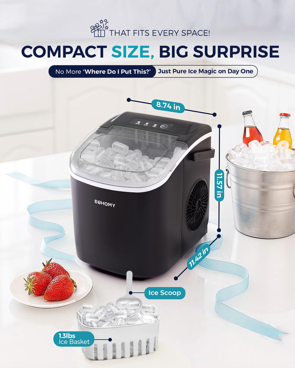 Merry & Bright Countertop Ice Maker Machine 26lbs in 24Hrs