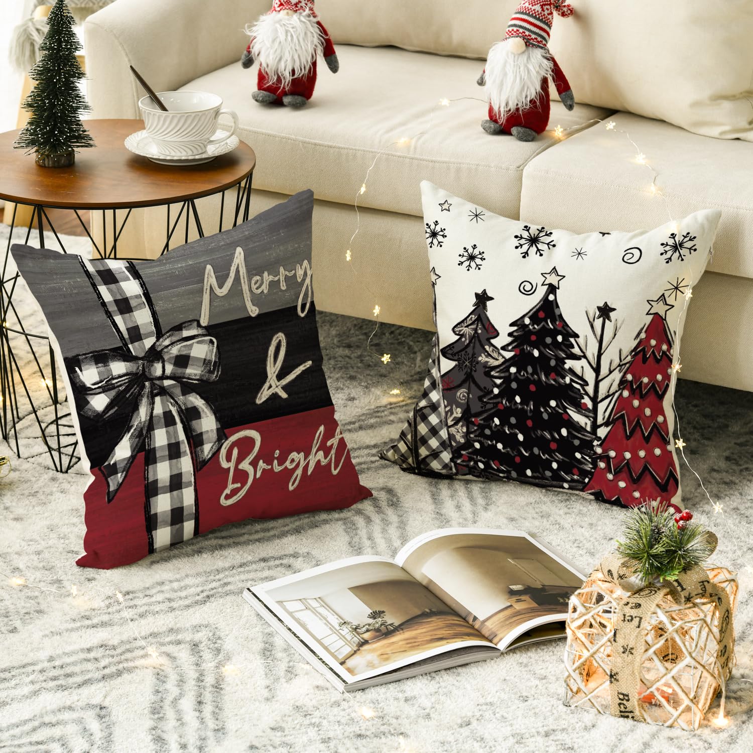 Merry & Bright: Red & Black Christmas Pillow Covers – Set of 4