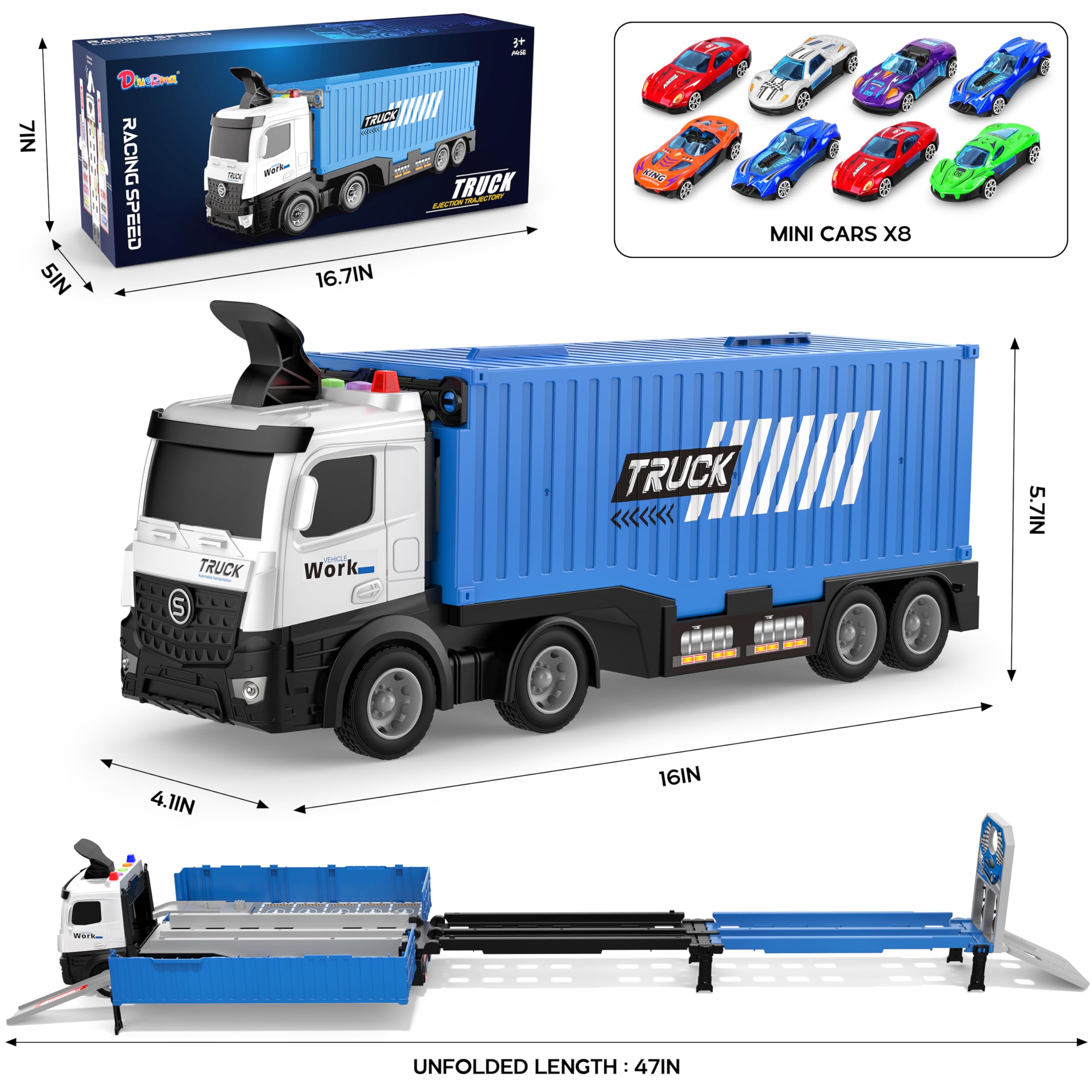 Merry & Bright  3-in-1 Transform Truck Toy with 8 Race Cars for Kids