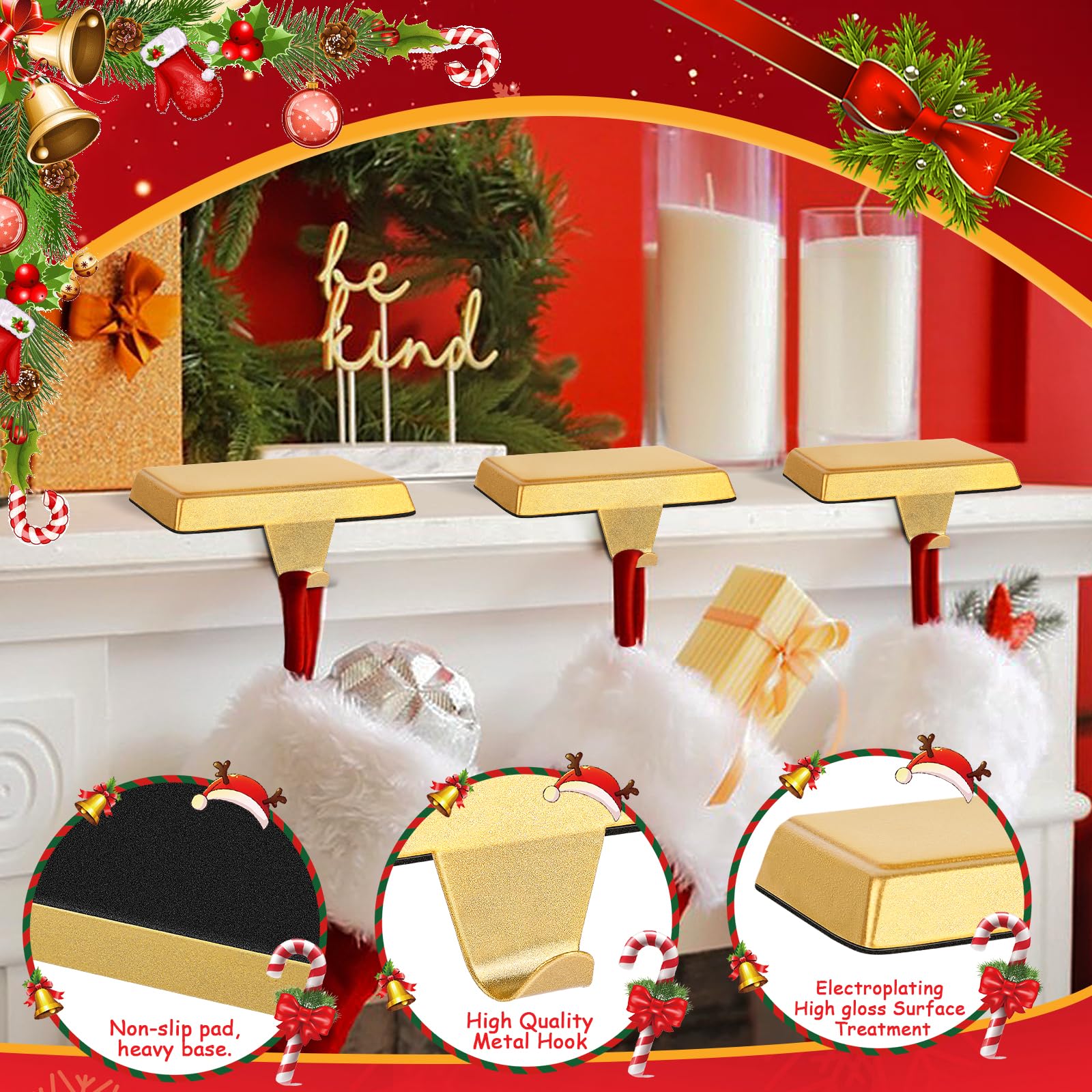Merry & Bright 6 Pack Metal Christmas Stocking Holders for Mantle Heavy Duty