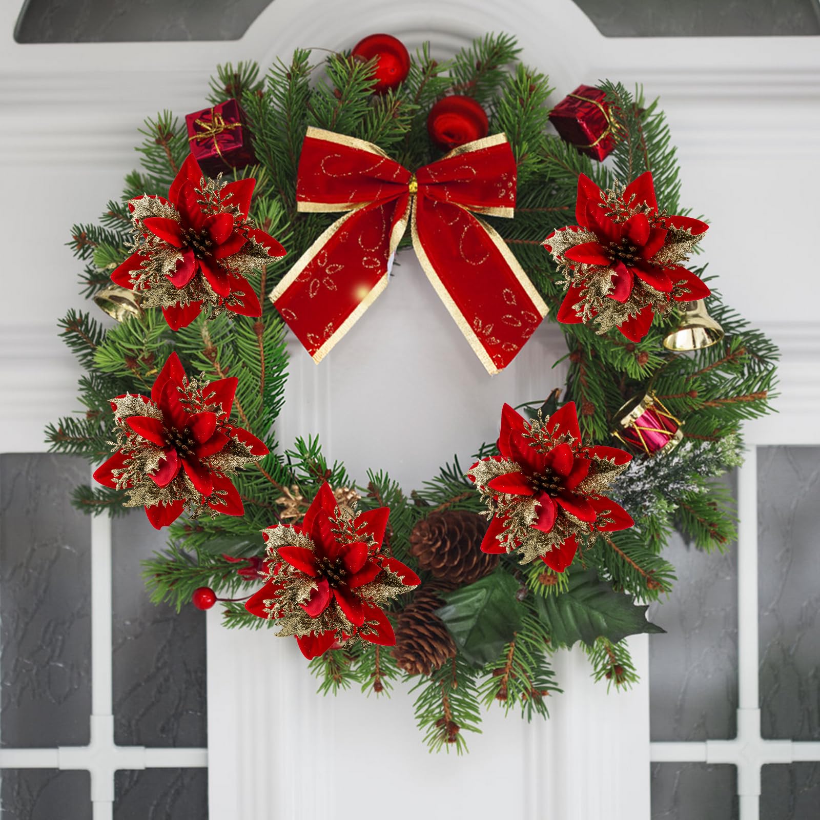 Merry & Bright Red & Gold Glitter Poinsettia Flowers – 30PCS