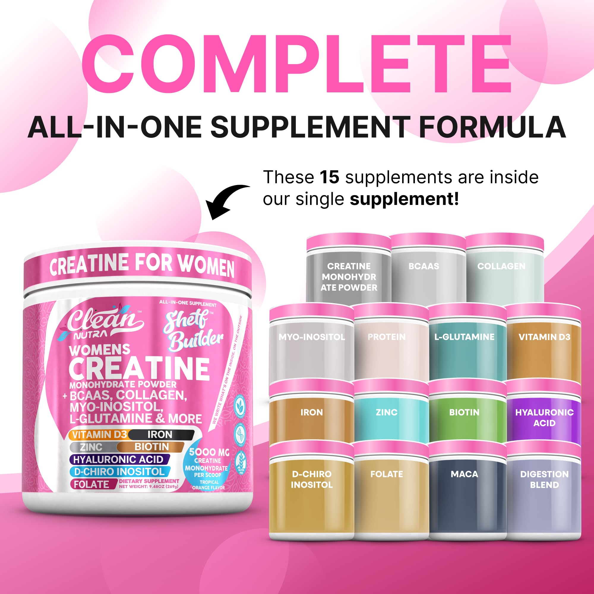 Merry & Bright Clean Nutraceuticals Women's Creatine & BCAA Powder – Pink/White