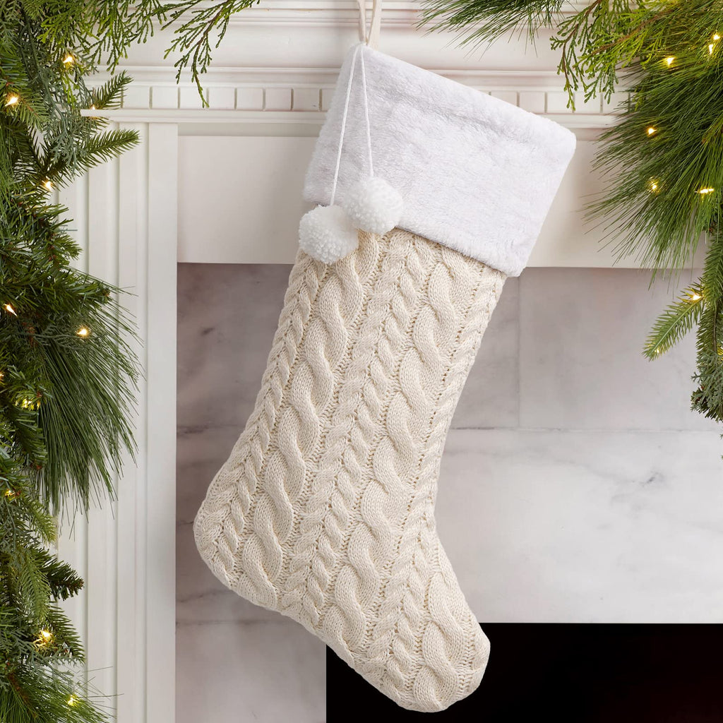 Merry & Bright  White Knit Christmas Stocking – Large Holiday Decor