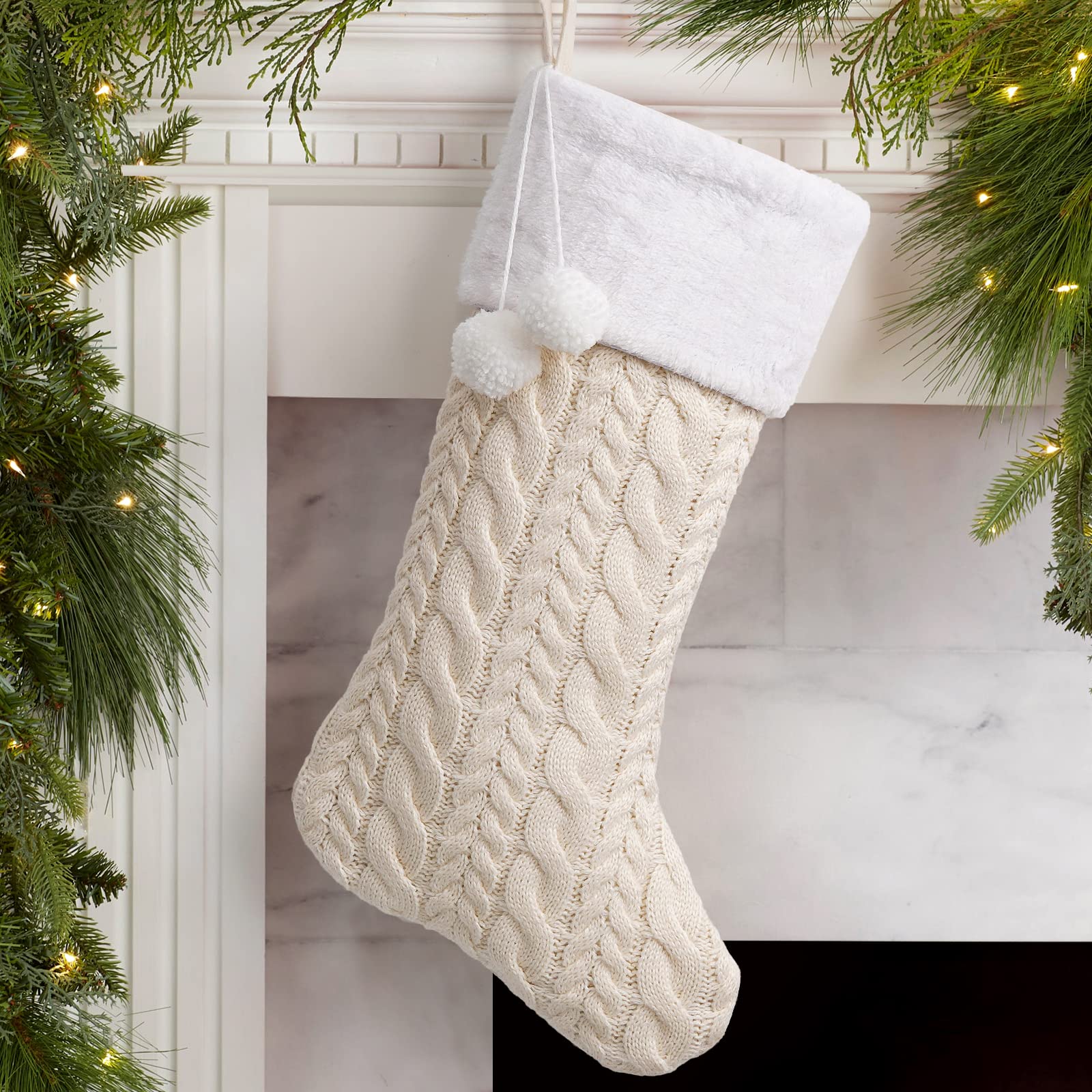 Merry & Bright  White Knit Christmas Stocking – Large Holiday Decor