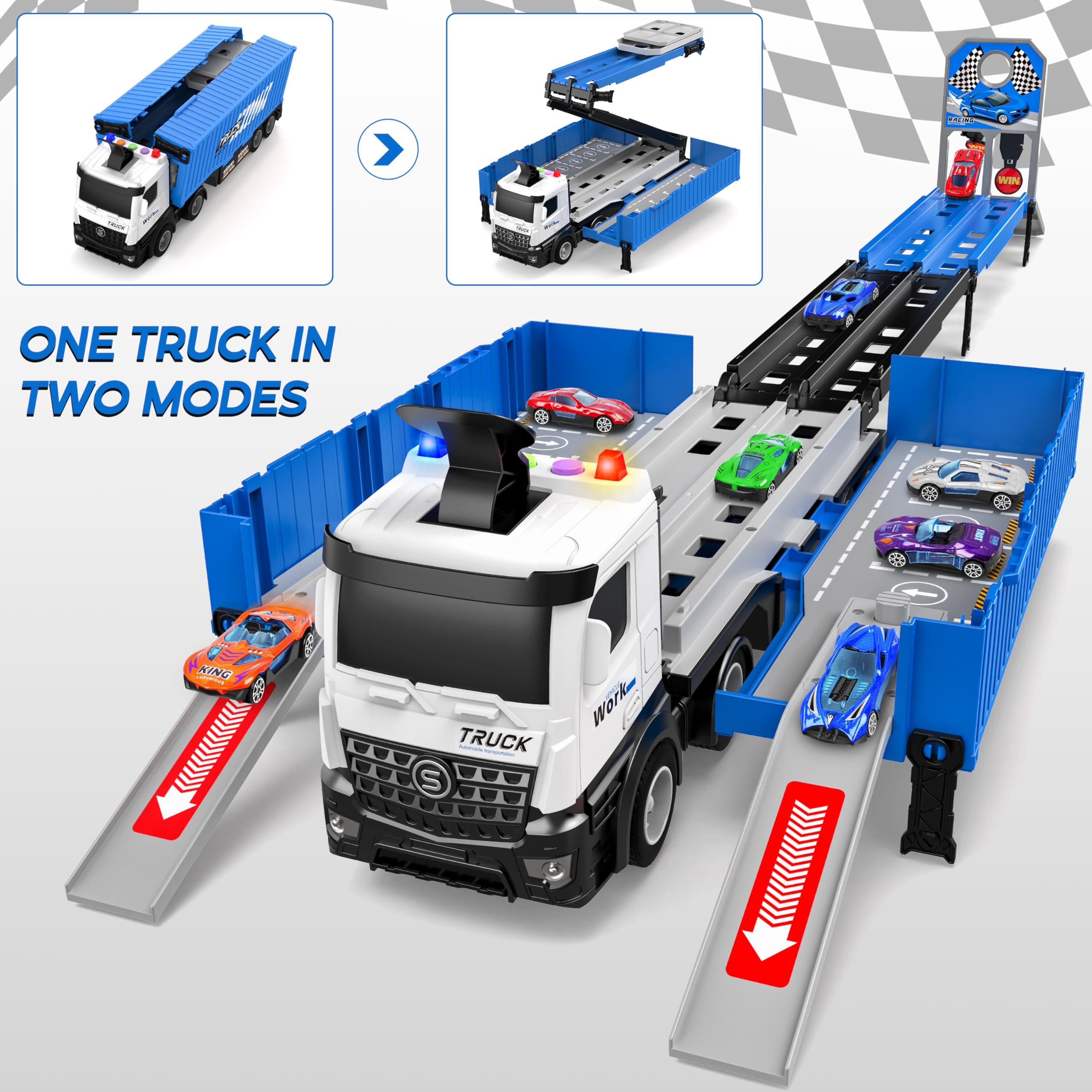 Merry & Bright  3-in-1 Transform Truck Toy with 8 Race Cars for Kids