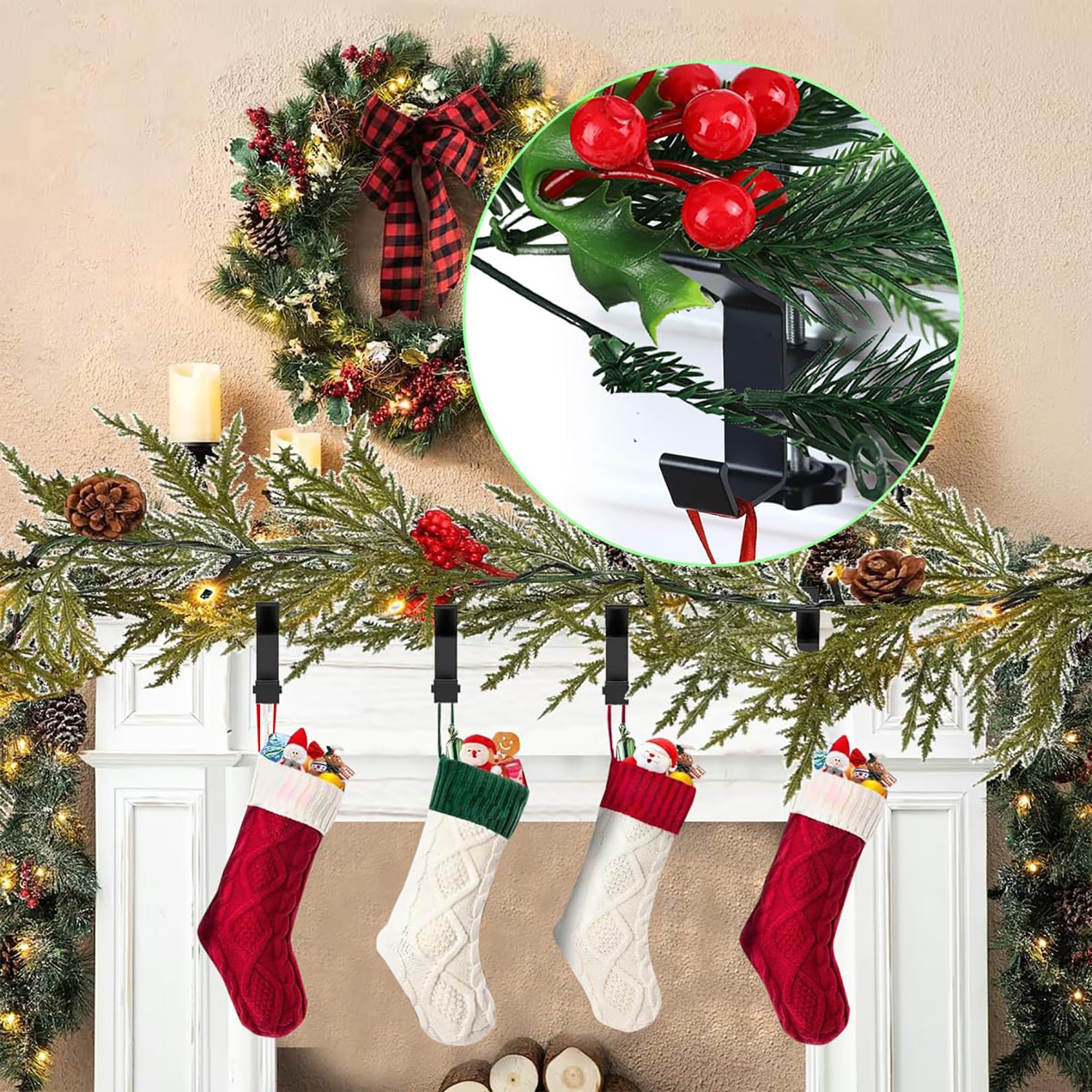 Merry & Bright Adjustable Black Double Hook Stocking & Garland Holders (Set of 4)