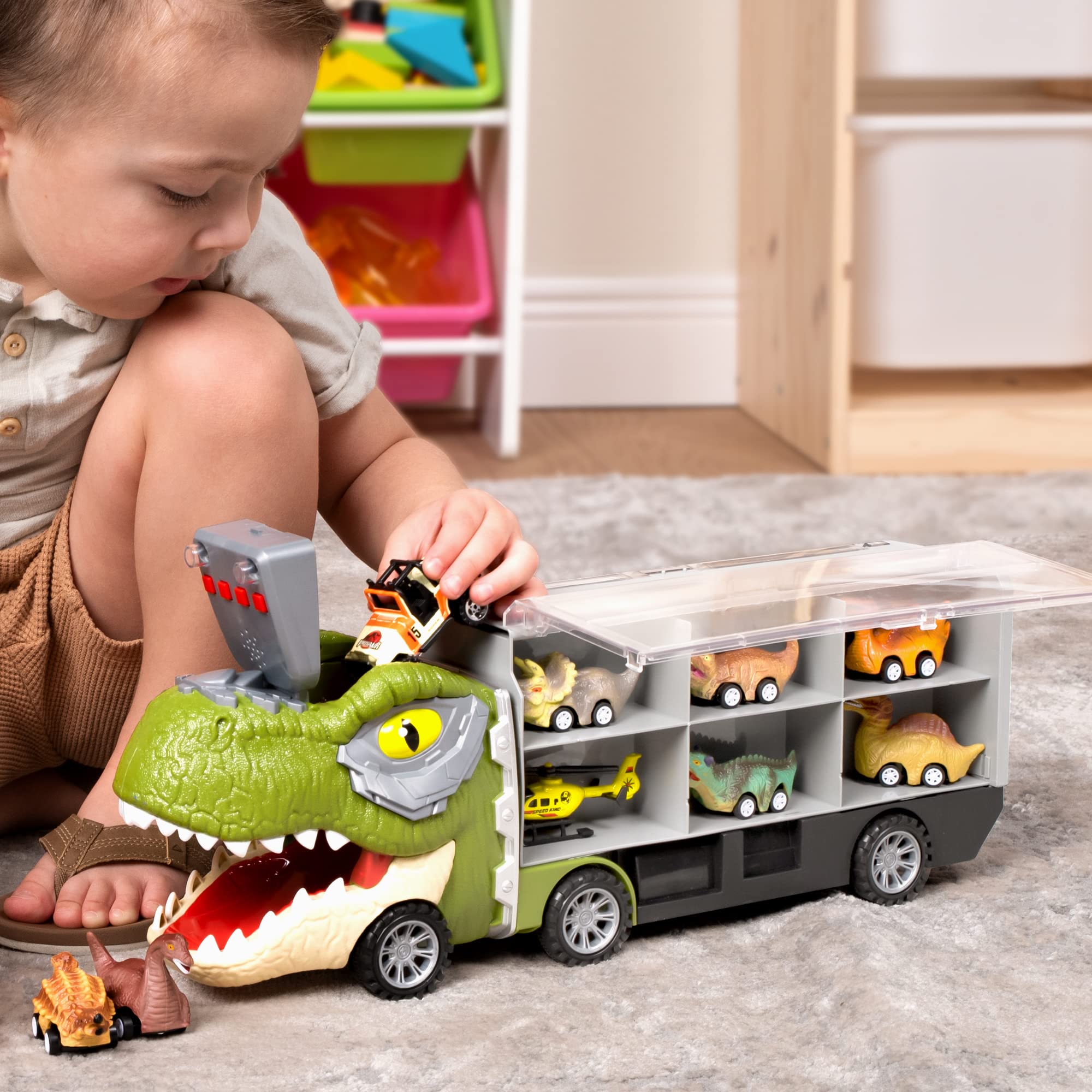 Merry and Bright Dinosaur Transport Carrier Truck with Mini Dinosaur Cars – 13-in-1 Play Set