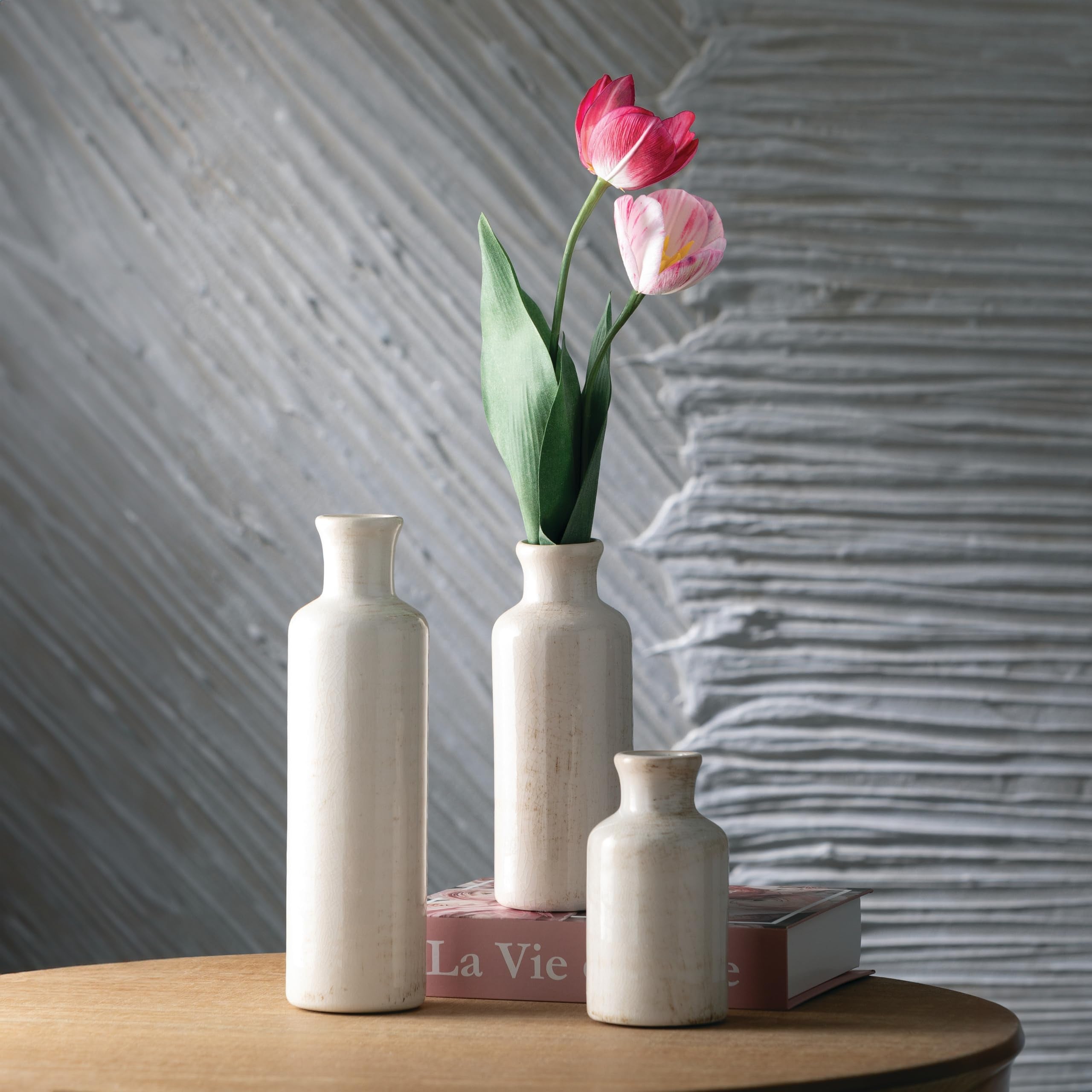 Merry & Bright  Ceramic Farmhouse Vase Set – Distressed White, 3-Piece