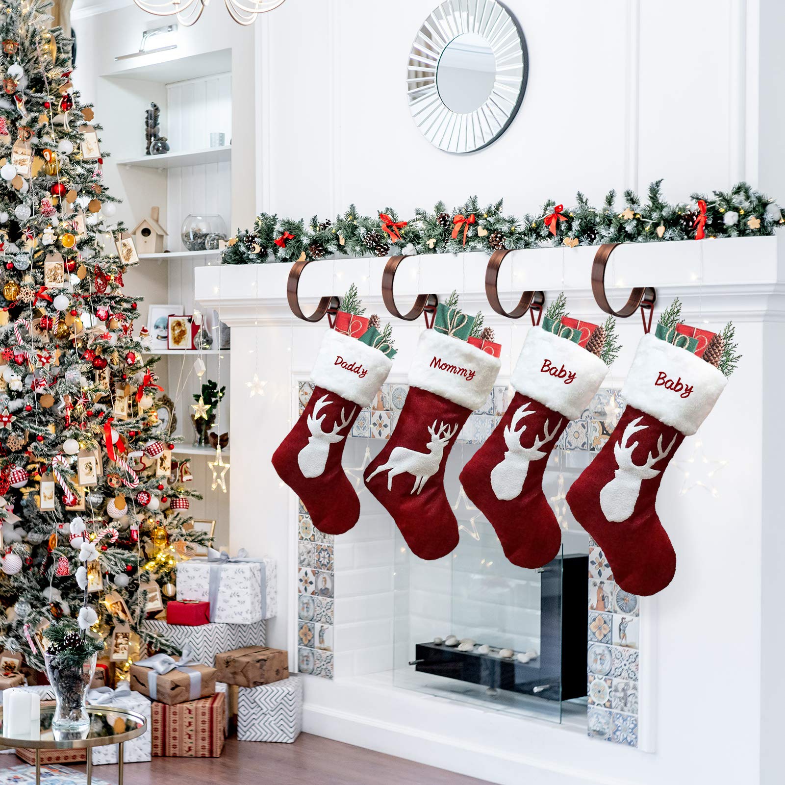 Merry & Bright Adjustable Bronze Christmas Stocking Holders for Mantel (Set of 4) – Sleek, Scratch-Free, Heavy-Duty Metal Hooks