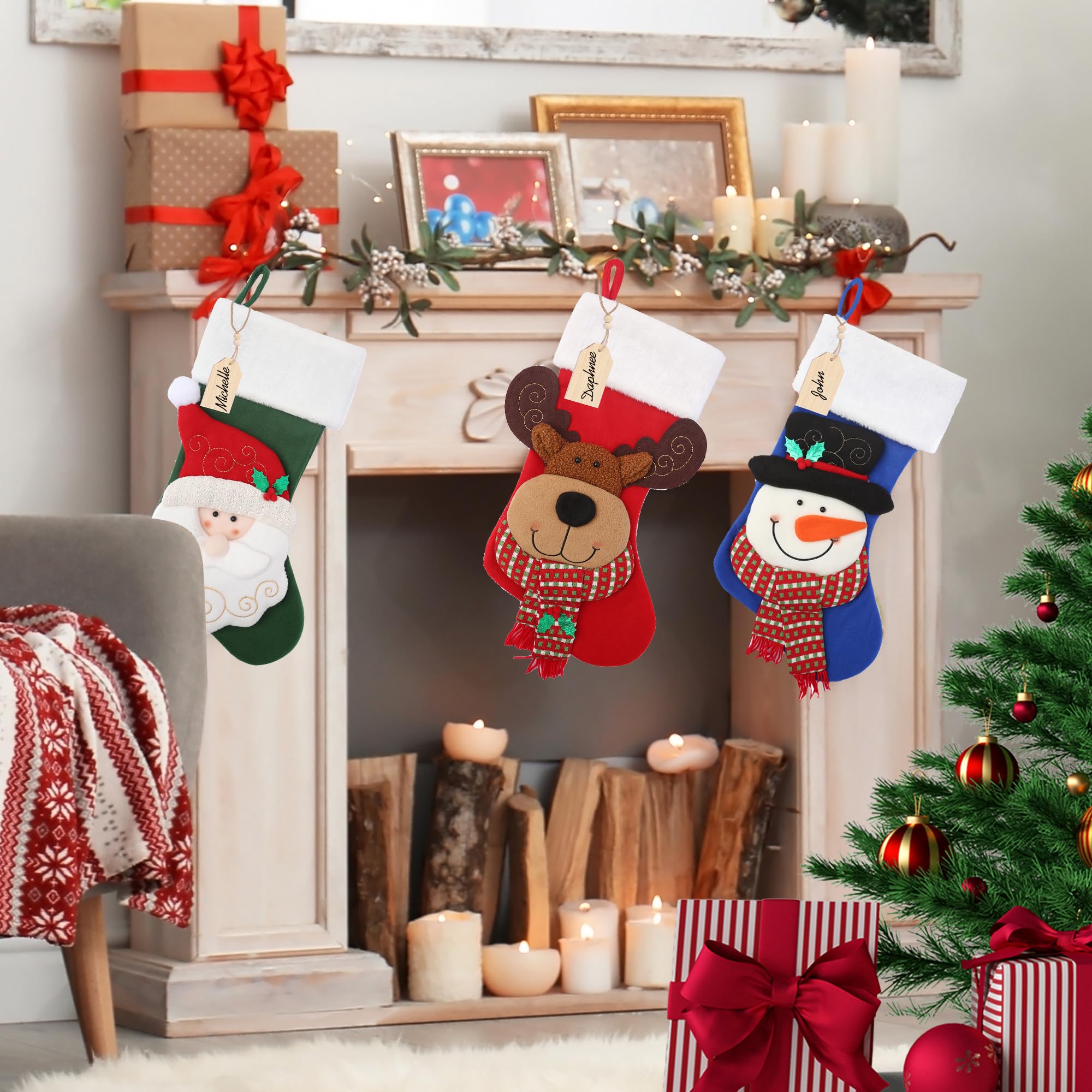 Merry & Bright 21" Red 3D Reindeer Christmas Stocking with Wooden Name Tag
