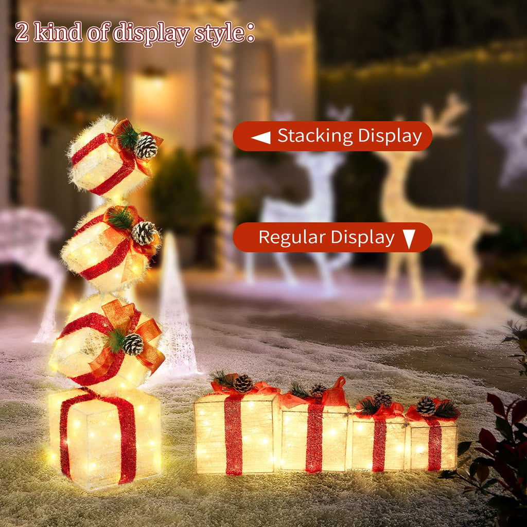 Merry & Bright: Warm White Lighted Christmas Stacking Gift Boxes – 4-Piece Holiday Decor