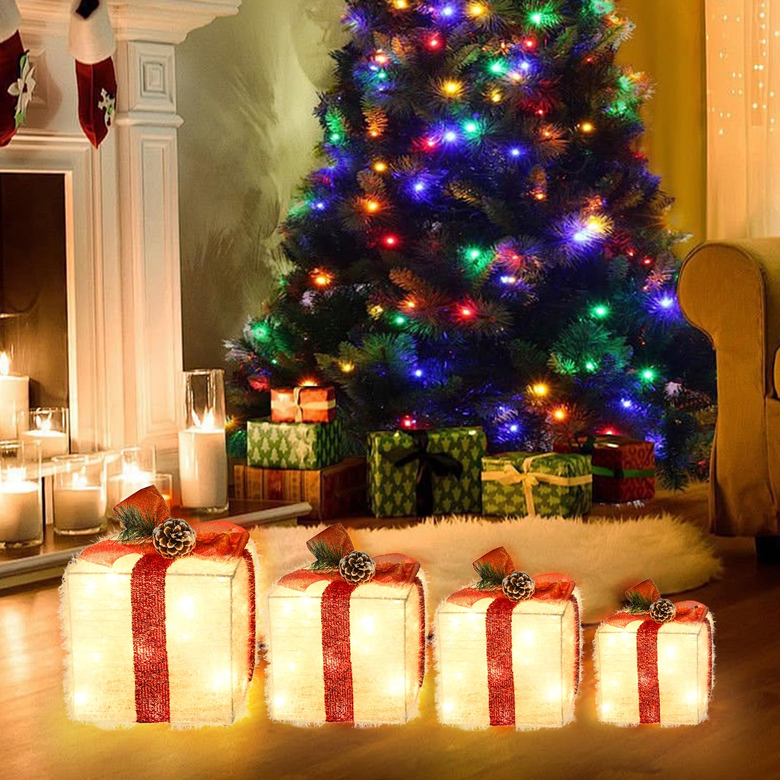 Merry & Bright: Warm White Lighted Christmas Stacking Gift Boxes – 4-Piece Holiday Decor