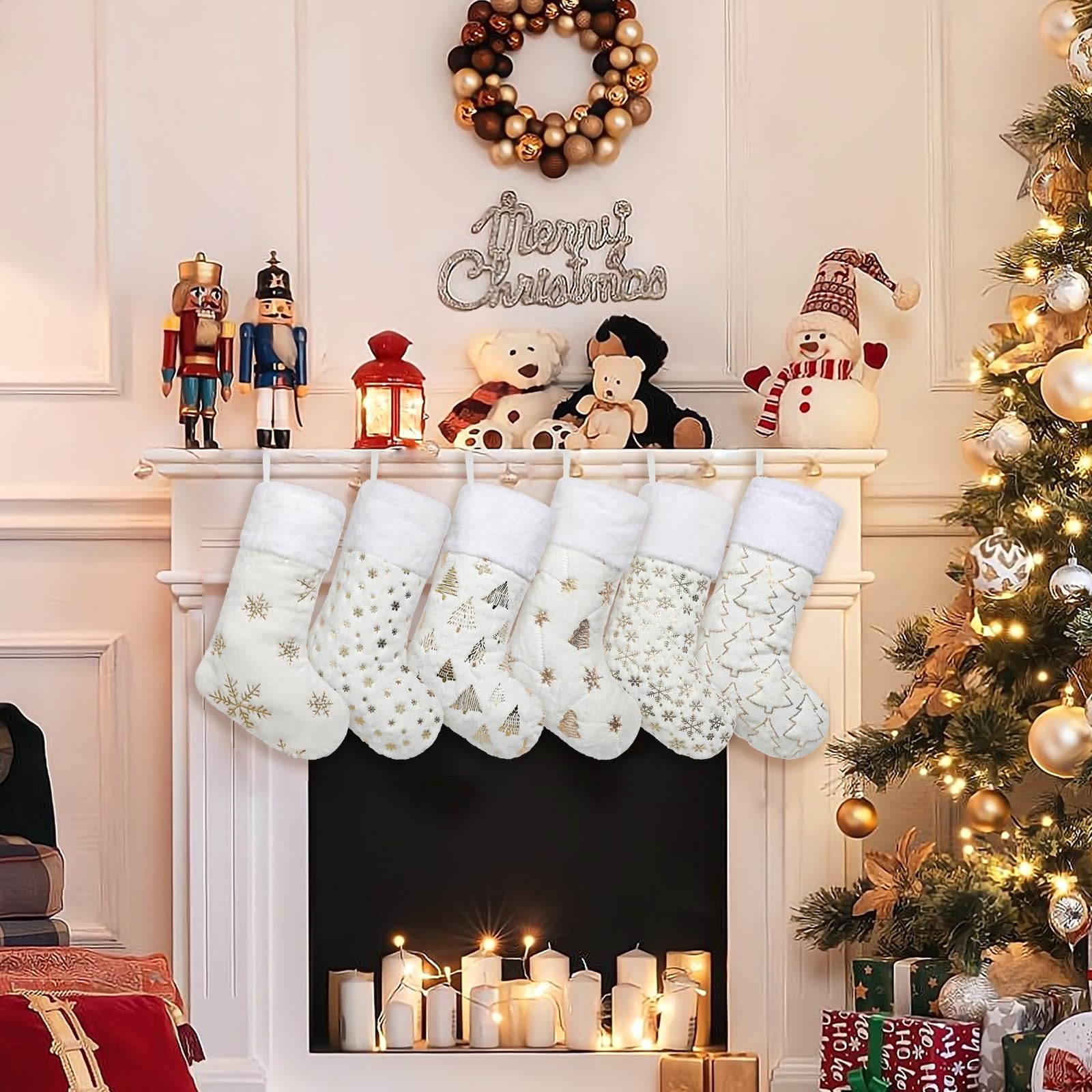 Merry & Bright White Christmas Stockings Set of 6