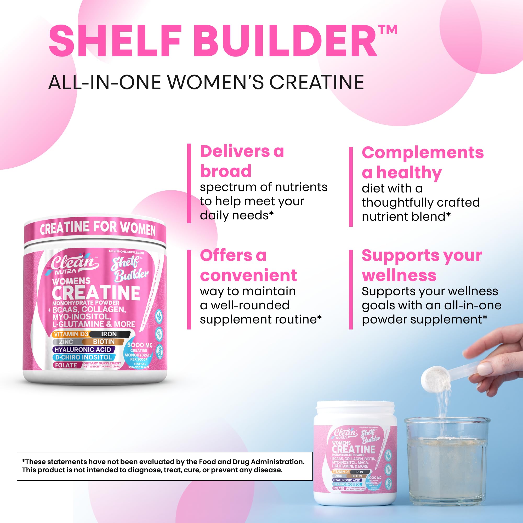 Merry & Bright Clean Nutraceuticals Women's Creatine & BCAA Powder – Pink/White