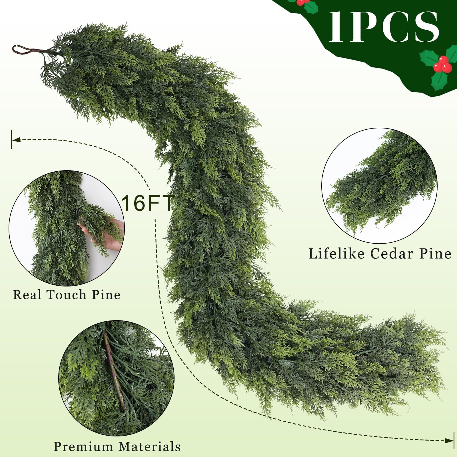 Merry & Bright Christmas Cedar Garland - 16ft